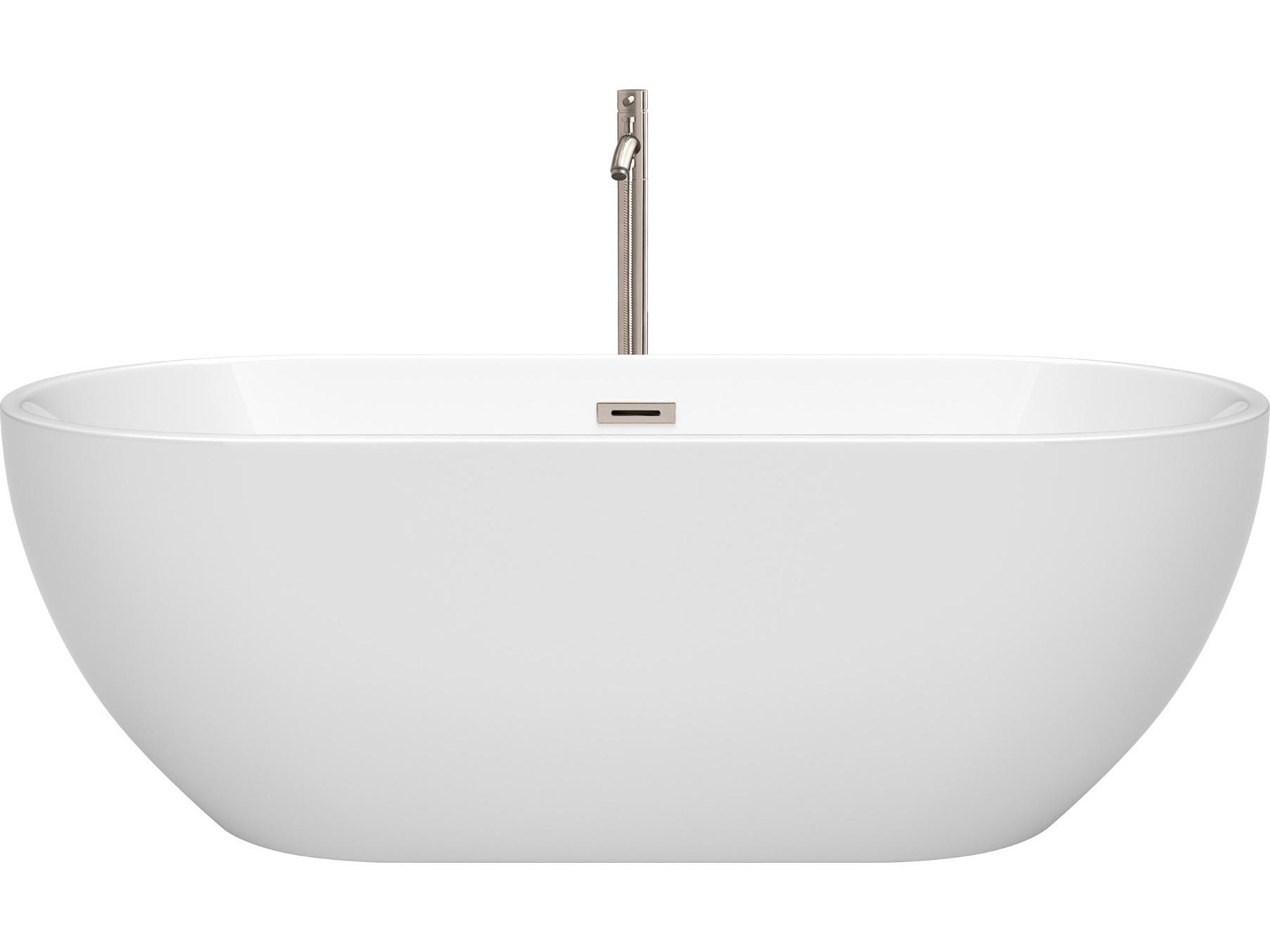Wyndham Collection Brooklyn White Bathtub with Floor Mounted Faucet, Drain and Overflow Trim