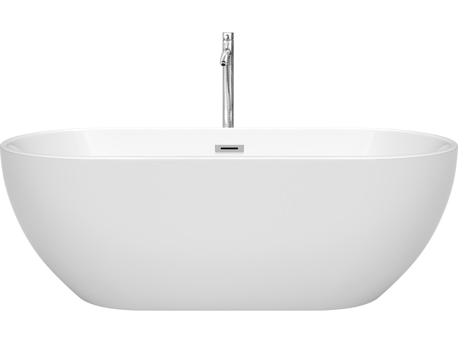 Wyndham Collection Brooklyn White Bathtub with Floor Mounted Faucet, Drain and Overflow Trim