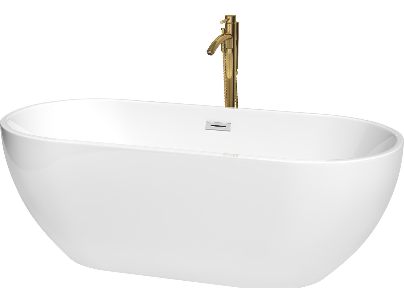 Wyndham Collection Brooklyn White Bathtub with Polished Chrome Trim and Floor Mounted Faucet