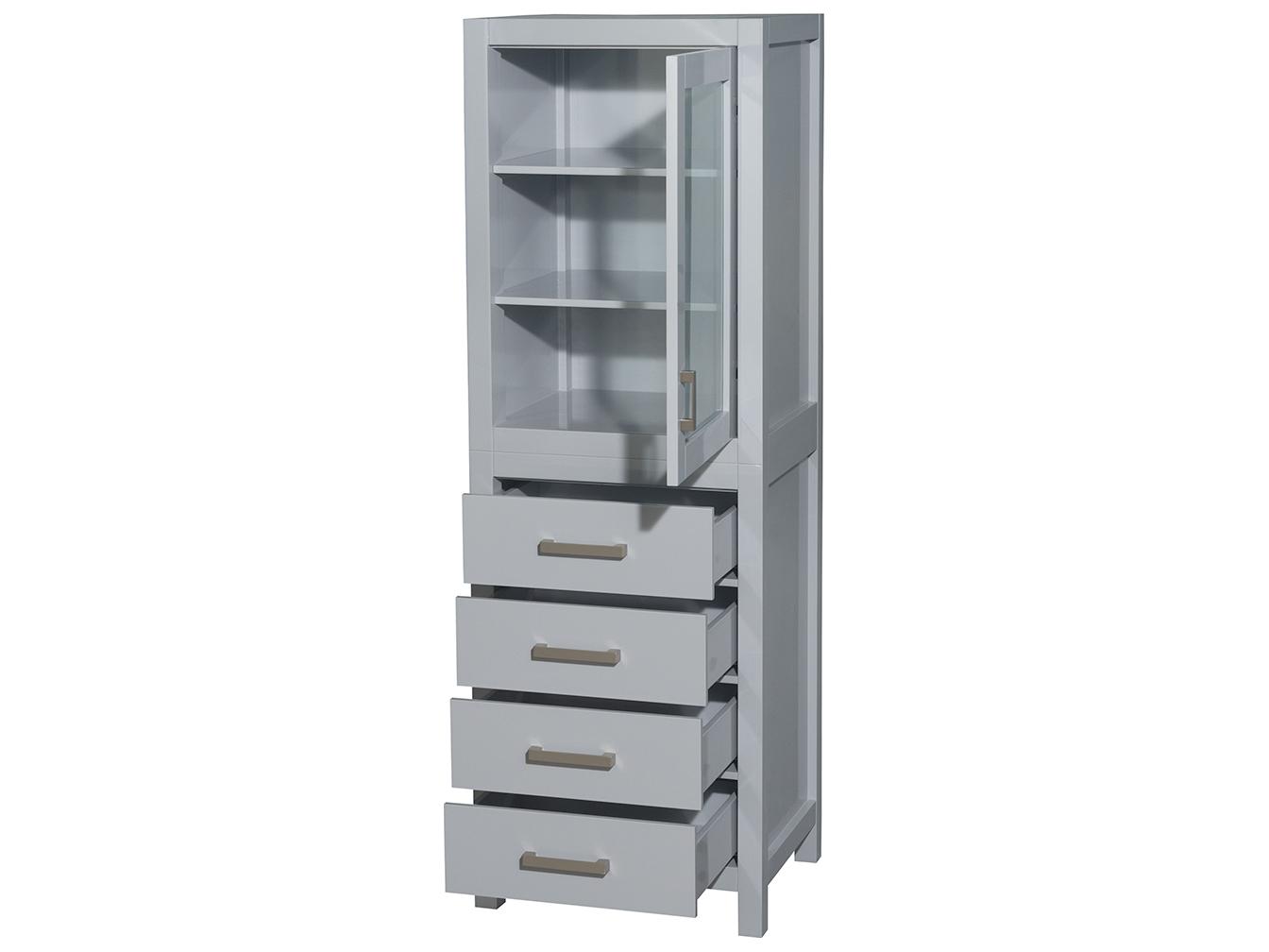 Wyndham Collection Sheffield Gray Linen Tower with Shelved Cabinet Storage and 4 Drawers