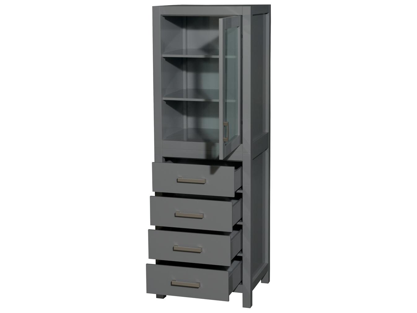 Wyndham Collection Sheffield Dark Gray Linen Tower with Shelved Cabinet Storage and 4 Drawers