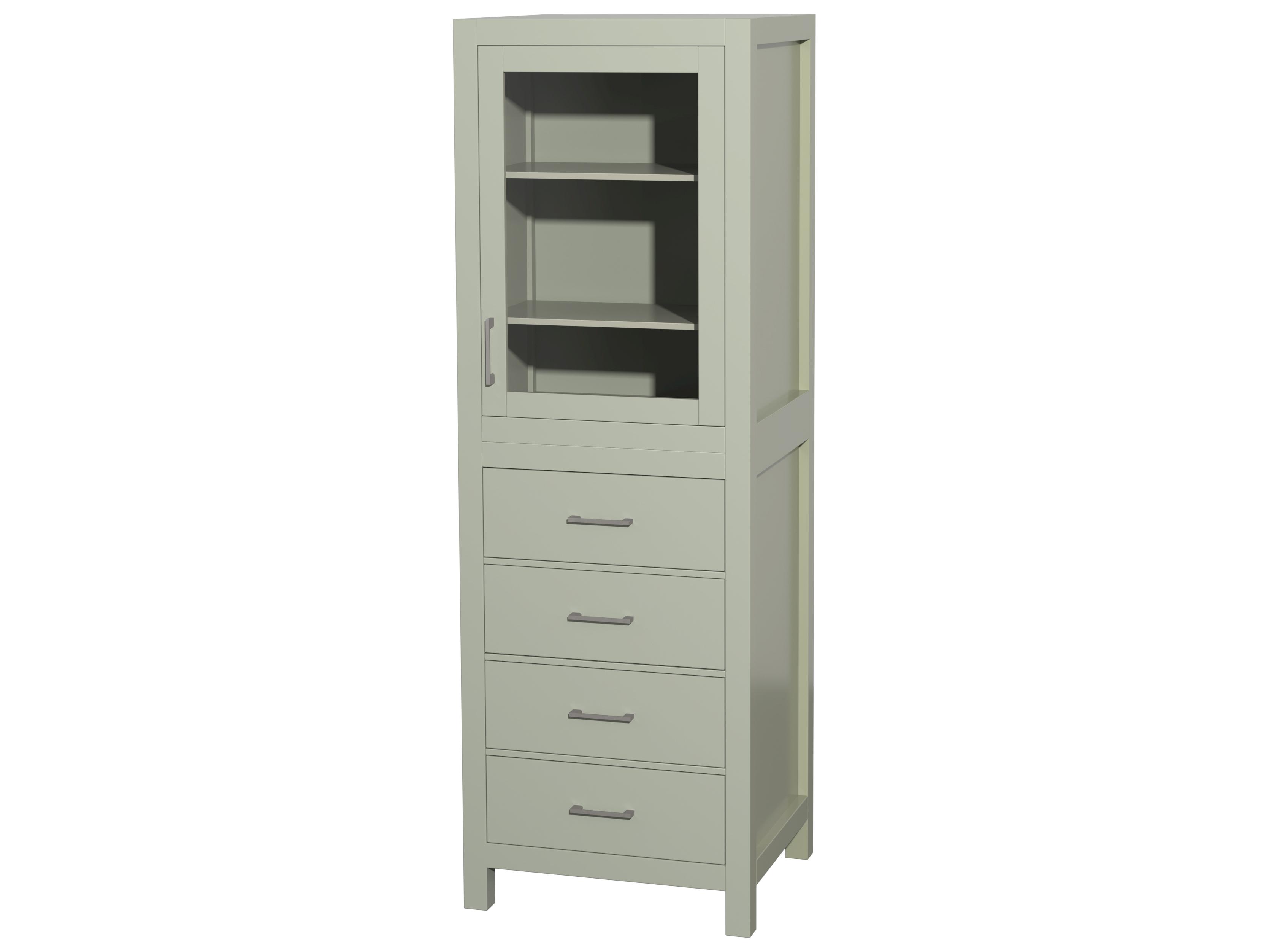 Wyndham Collection Sheffield Light Green Linen Tower with Shelved Cabinet Storage and 4 Drawers