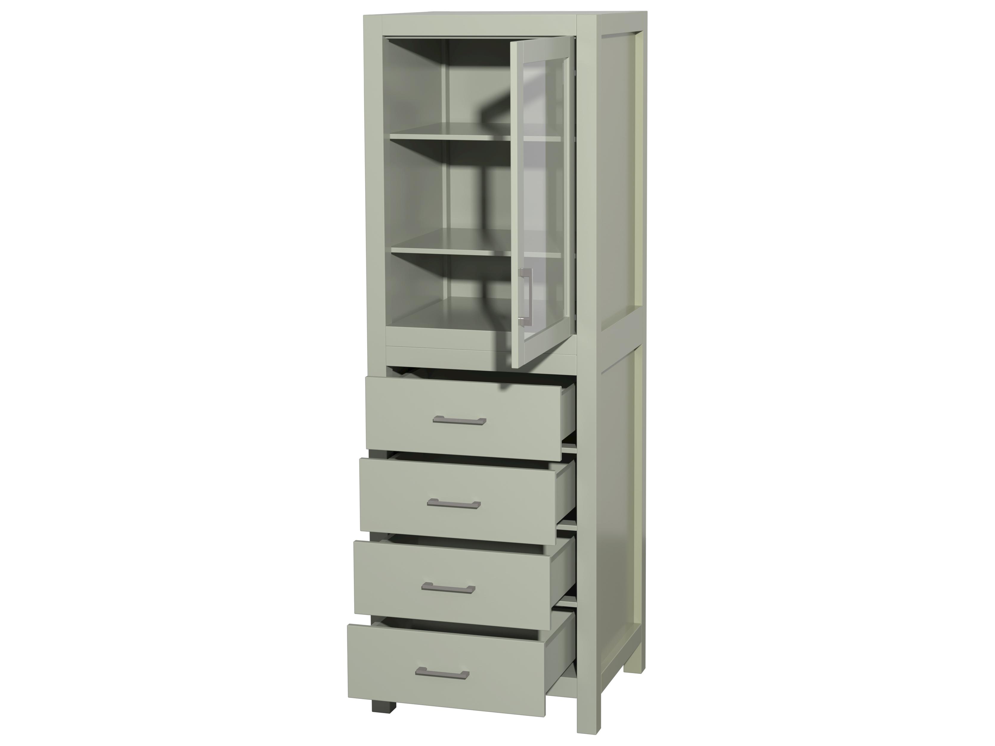 Wyndham Collection Sheffield Light Green Linen Tower with Shelved Cabinet Storage and 4 Drawers