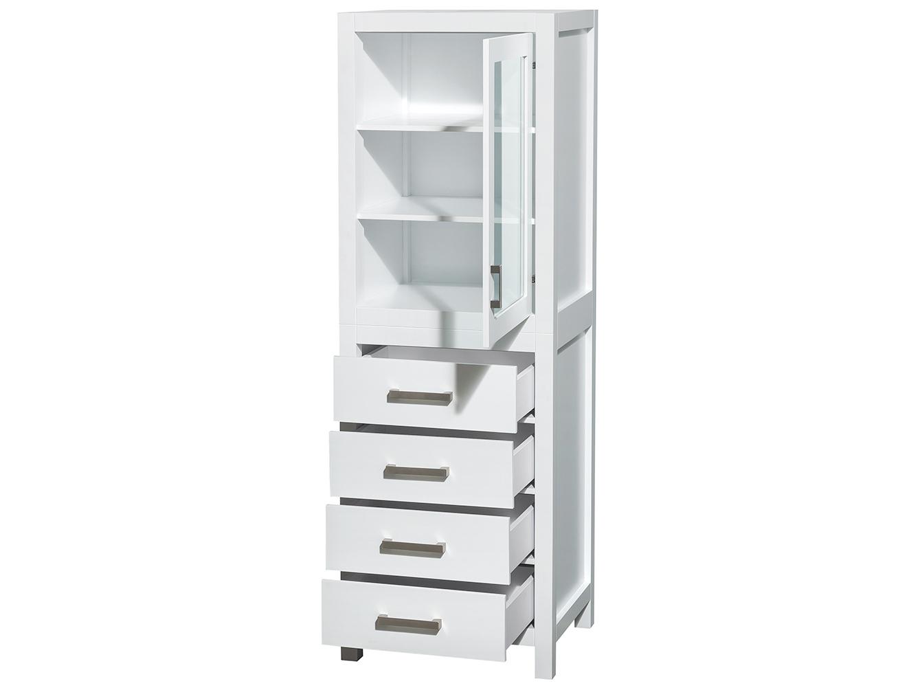 Wyndham Collection Sheffield White Linen Tower with Shelved Cabinet Storage and 4 Drawers
