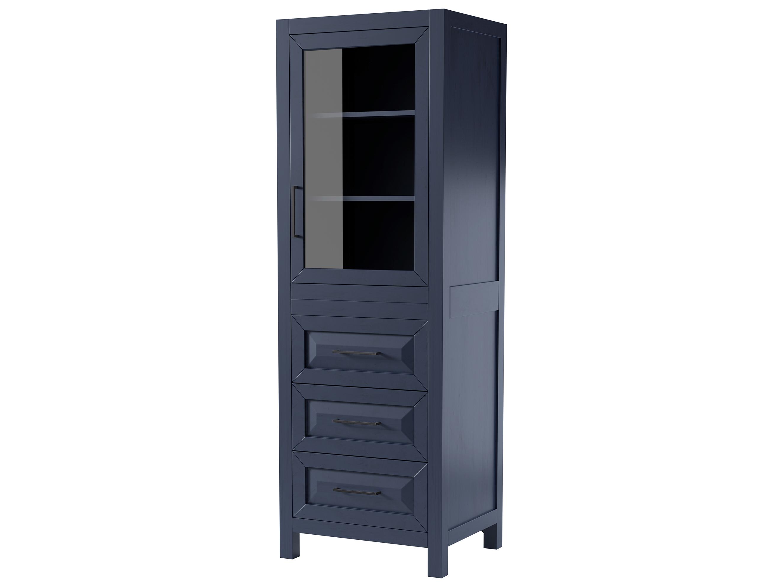 Wyndham Collection Daria Dark Blue Linen Tower with Shelved Cabinet Storage, and 3 Drawers