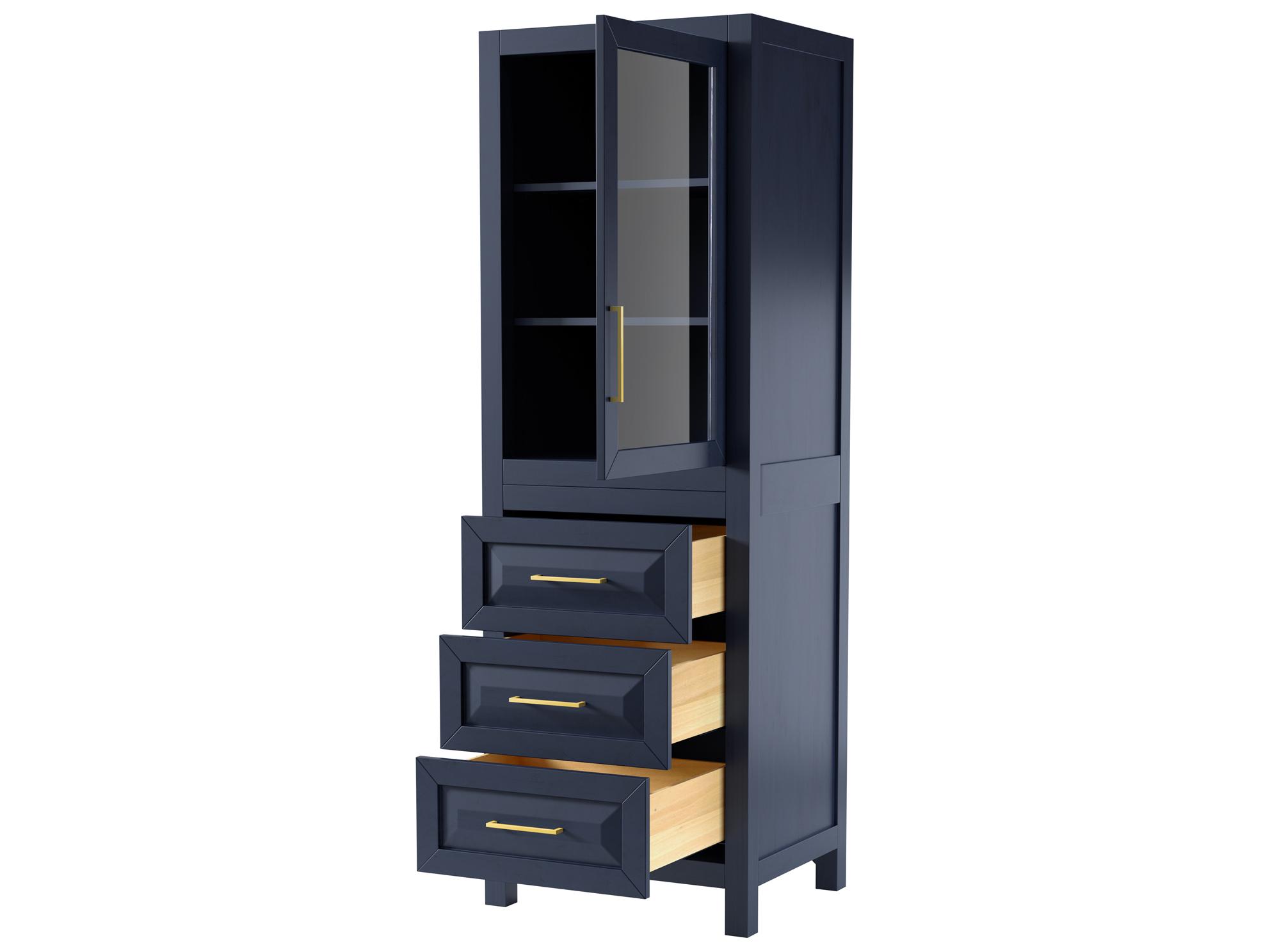 Wyndham Collection Daria Dark Blue Linen Tower with Shelved Cabinet Storage, and 3 Drawers