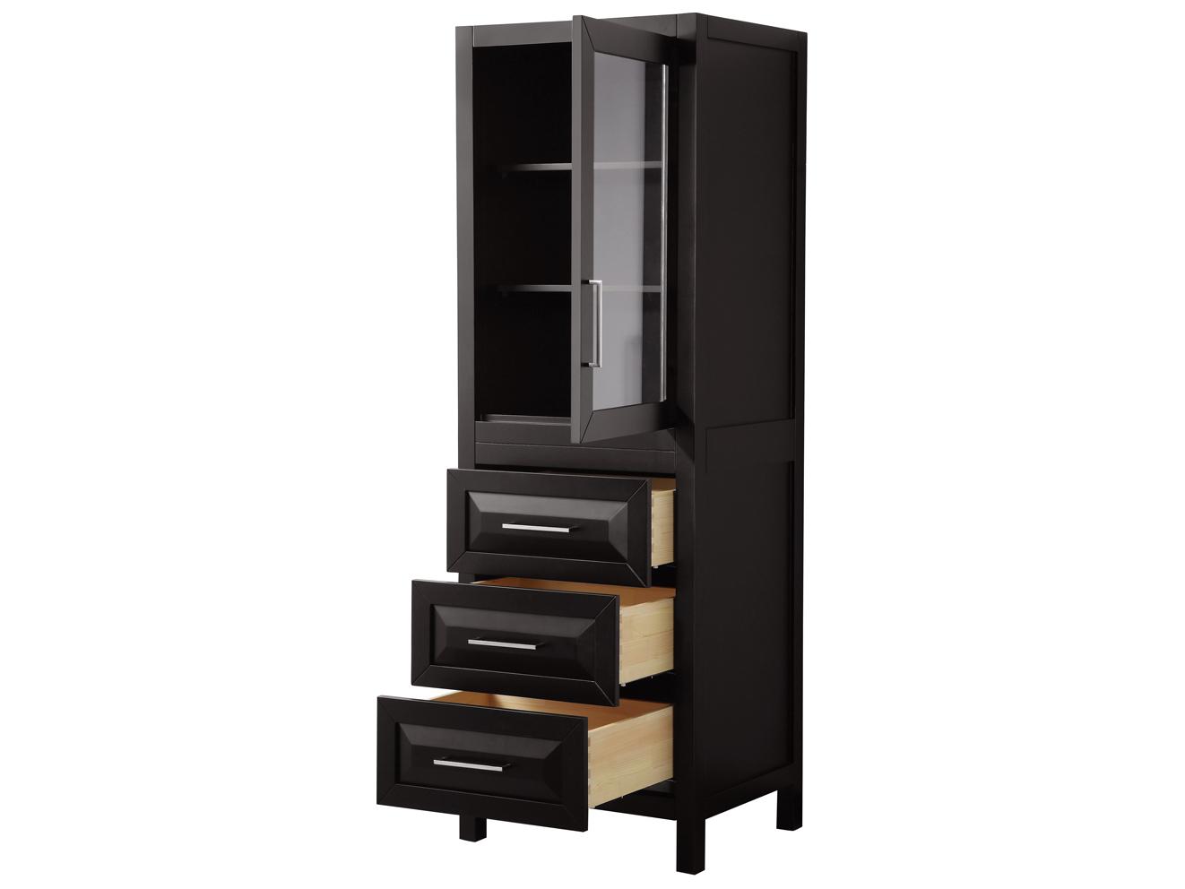 Wyndham Collection Daria Dark Espresso Linen Tower with Shelved Cabinet Storage, and 3 Drawers