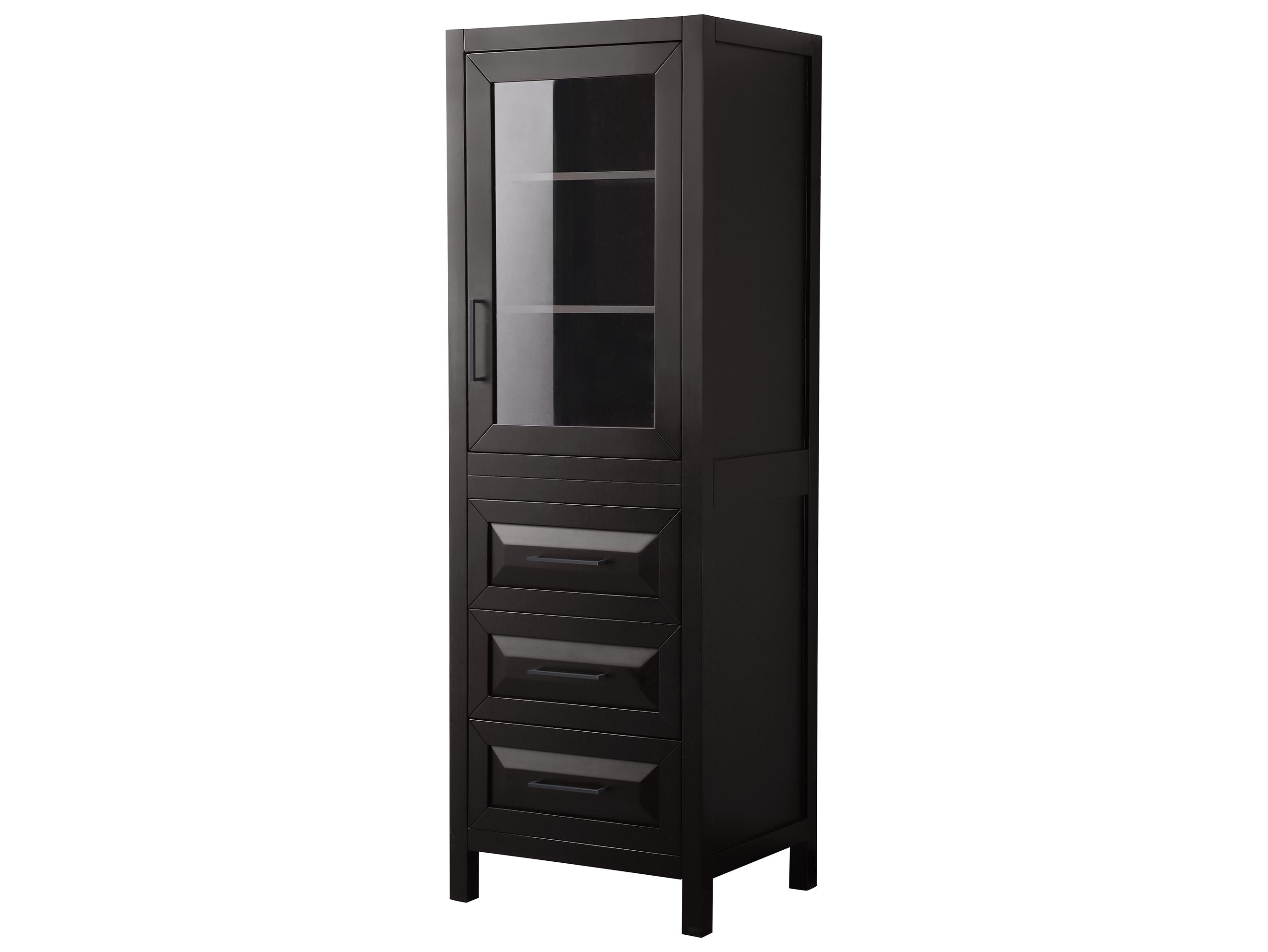 Wyndham Collection Daria Dark Espresso Linen Tower with Shelved Cabinet Storage, and 3 Drawers