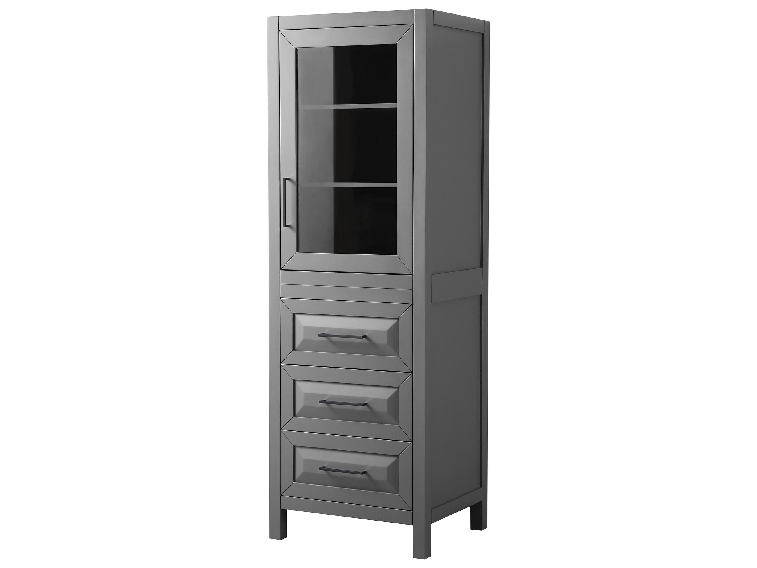 Wyndham Collection Daria Dark Gray Linen Tower with Shelved Cabinet Storage, and 3 Drawers