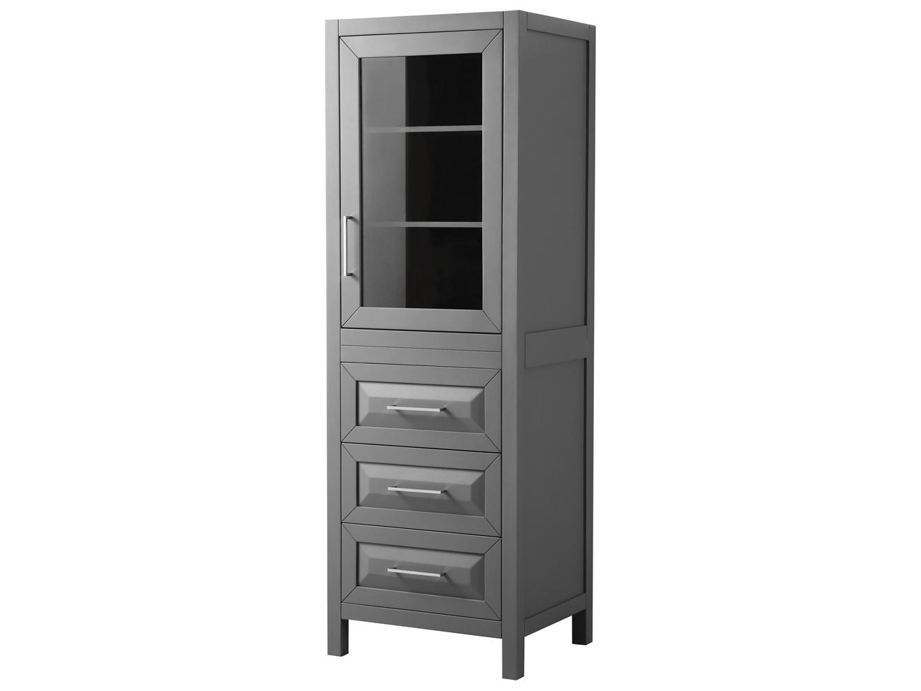 Wyndham Collection Daria Dark Gray Linen Tower with Shelved Cabinet Storage, and 3 Drawers