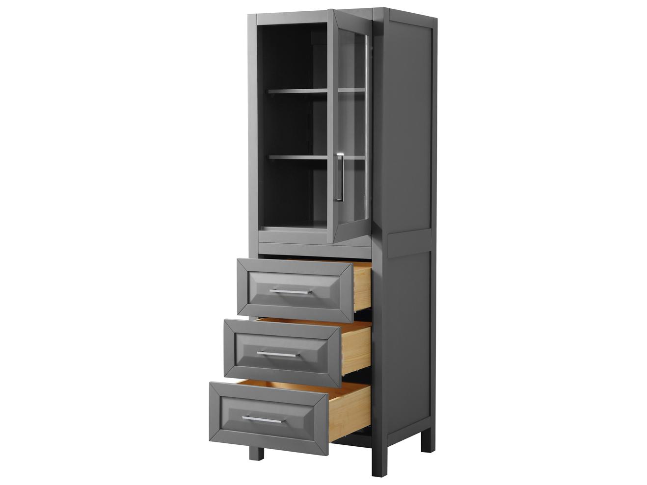 Wyndham Collection Daria Dark Gray Linen Tower with Shelved Cabinet Storage, and 3 Drawers