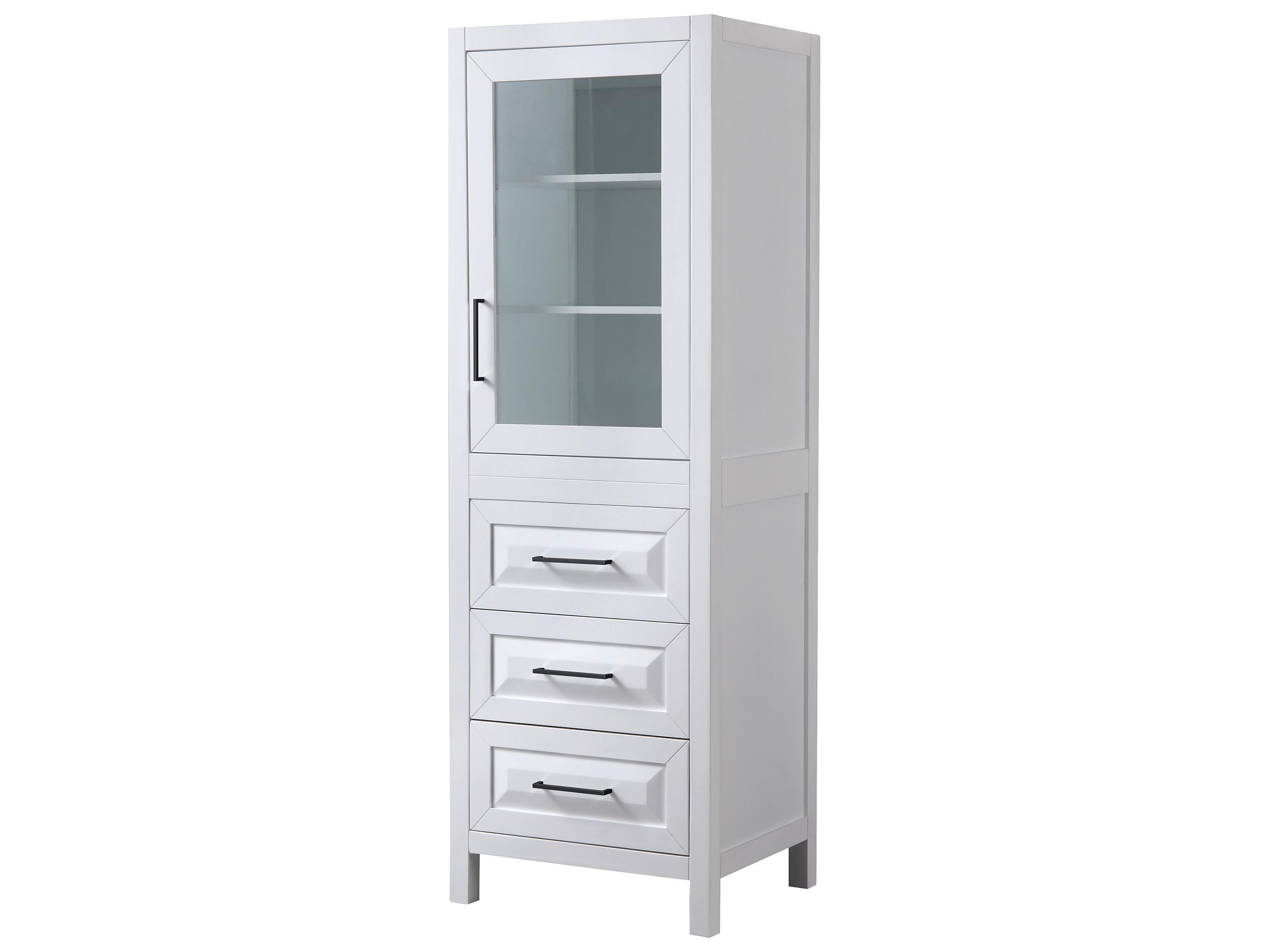 Wyndham Collection Daria White Linen Tower with Shelved Cabinet Storage, and 3 Drawers