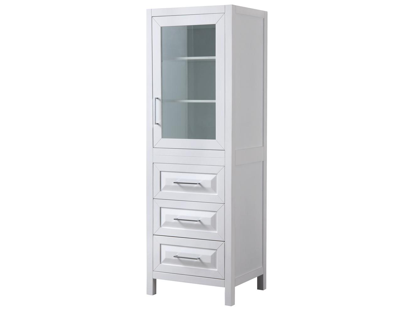 Wyndham Collection Daria White Linen Tower with Shelved Cabinet Storage, and 3 Drawers