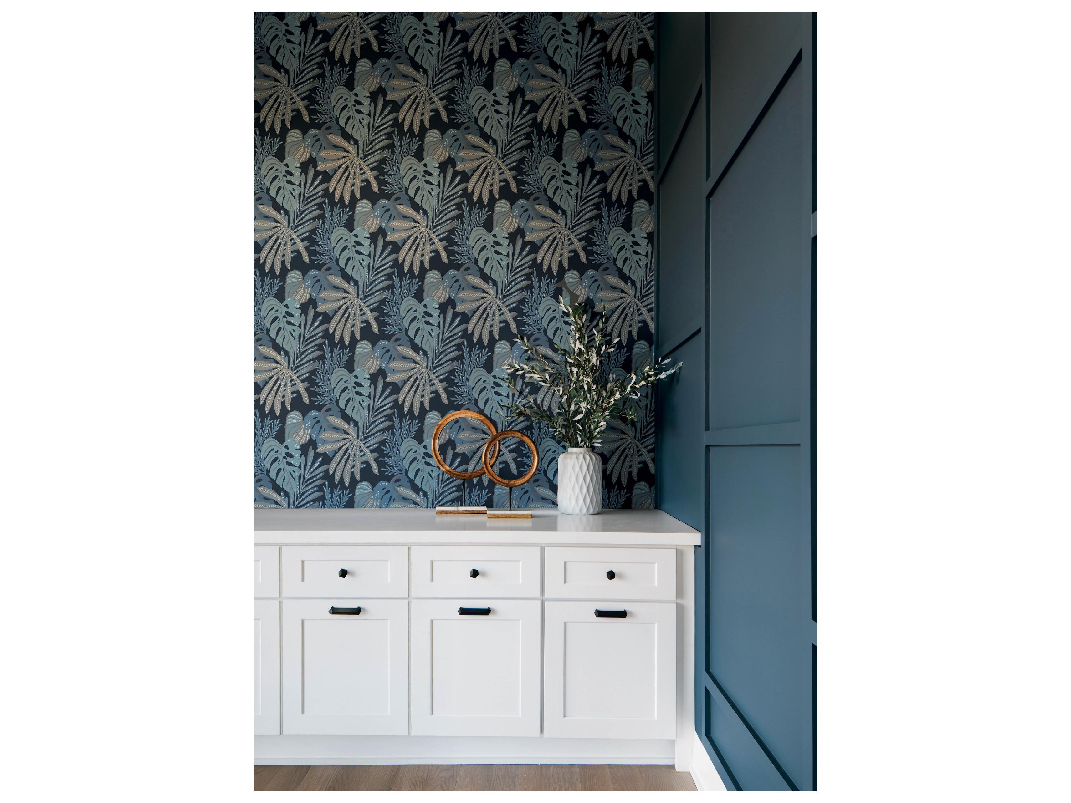 York Wallcoverings Drew & Jonathan Home Fifth Edition Blue Tropical Foliage Wallpaper