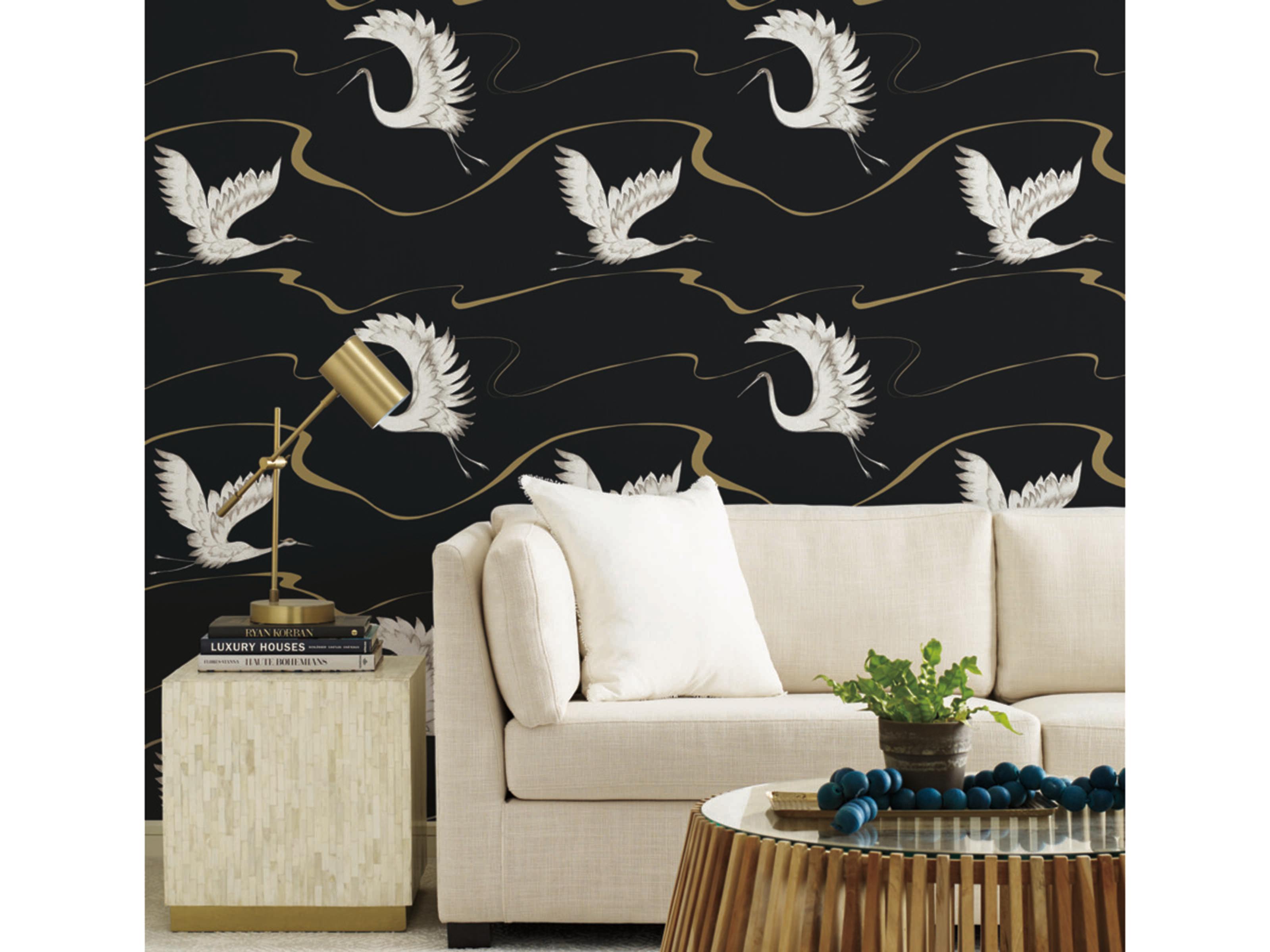York Wallcoverings Black & White Resource Library Black Gold Soaring Cranes Wallpaper