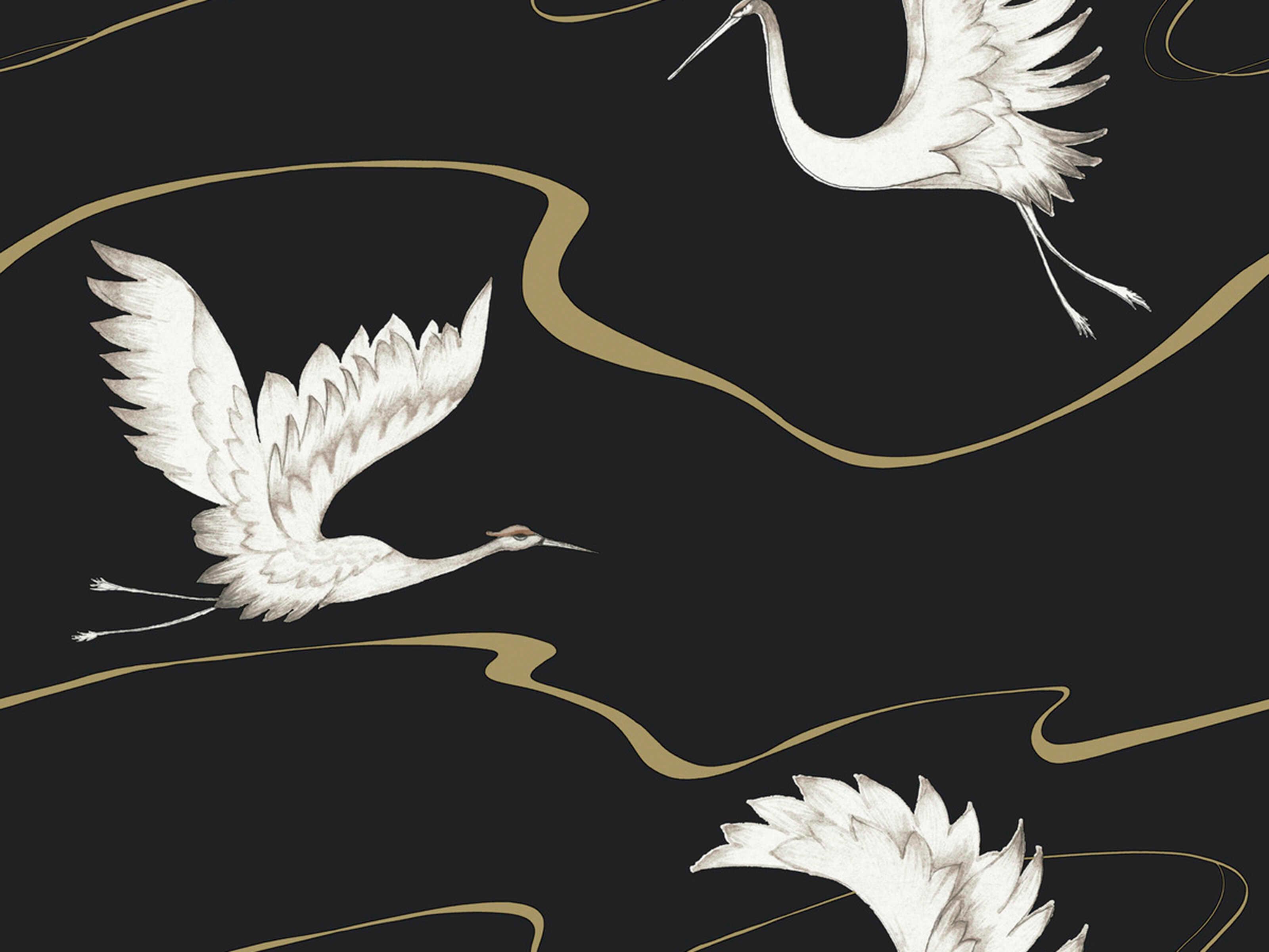 York Wallcoverings Black & White Resource Library Black Gold Soaring Cranes Wallpaper