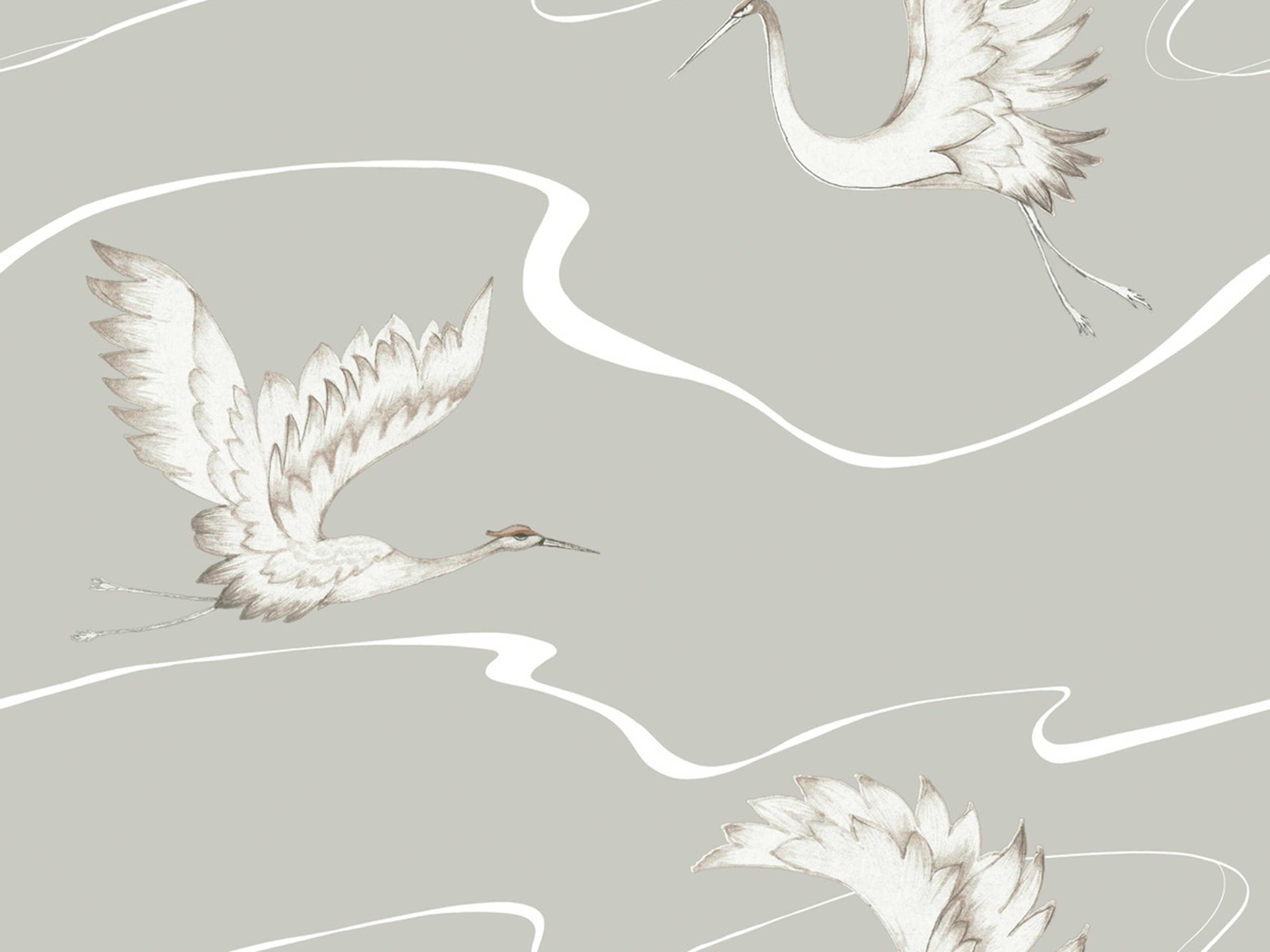 York Wallcoverings Black & White Resource Library Taupe Soaring Cranes Wallpaper