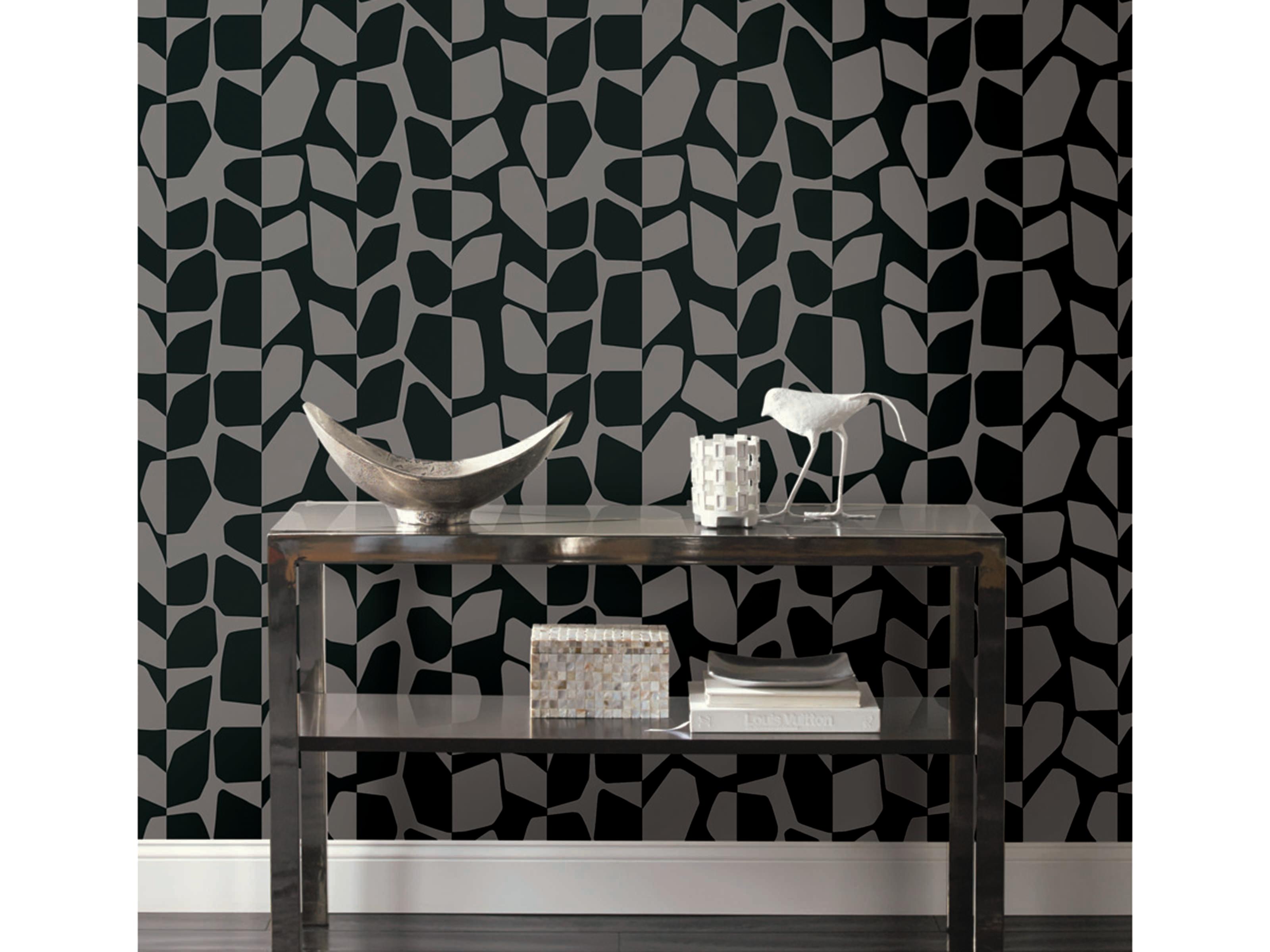 York Wallcoverings Black & White Resource Library Black Metallic Primitive Vines Wallpaper