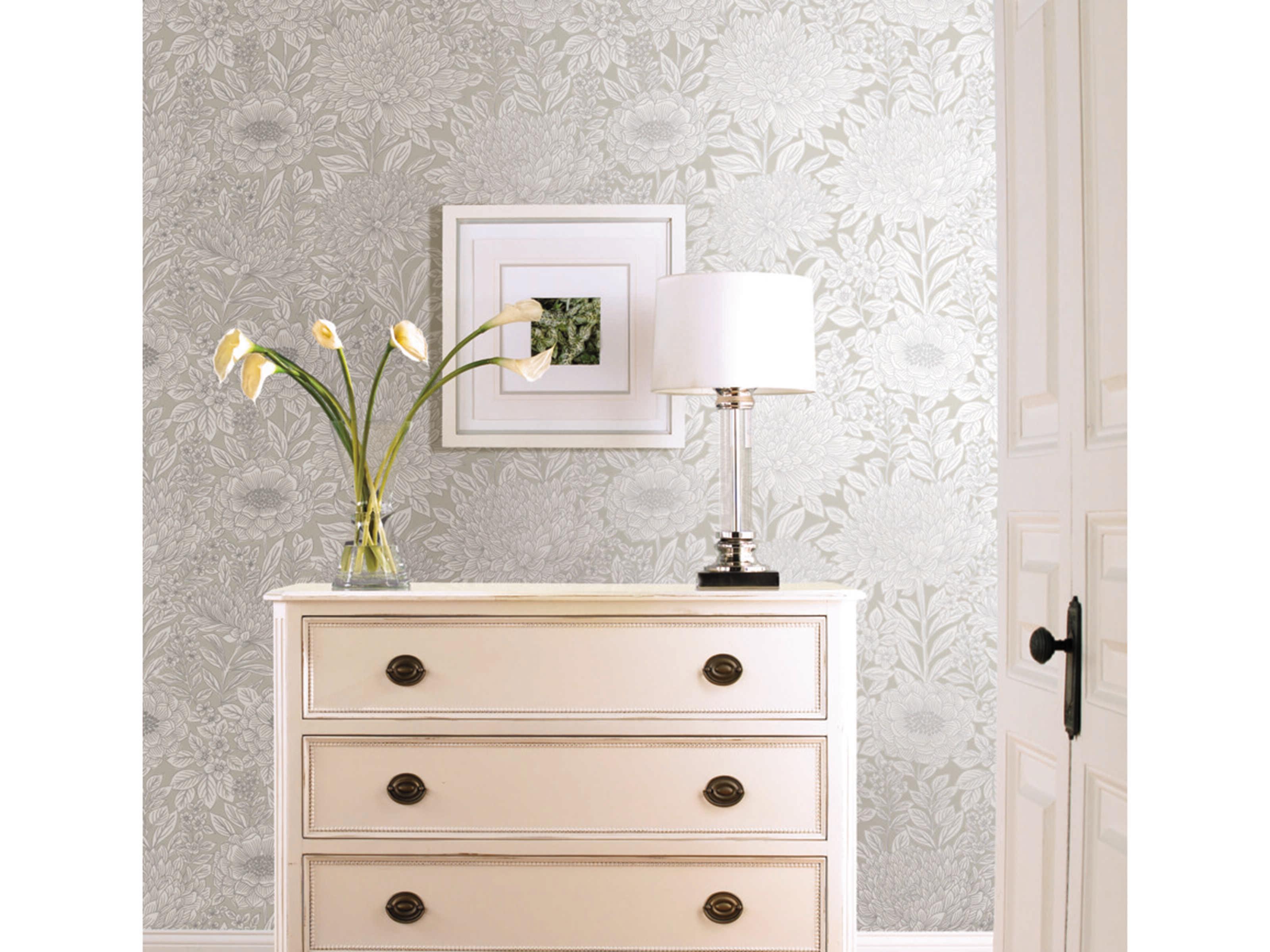 York Wallcoverings Black & White Resource Library Taupe Silver Wood Block Blooms Wallpaper