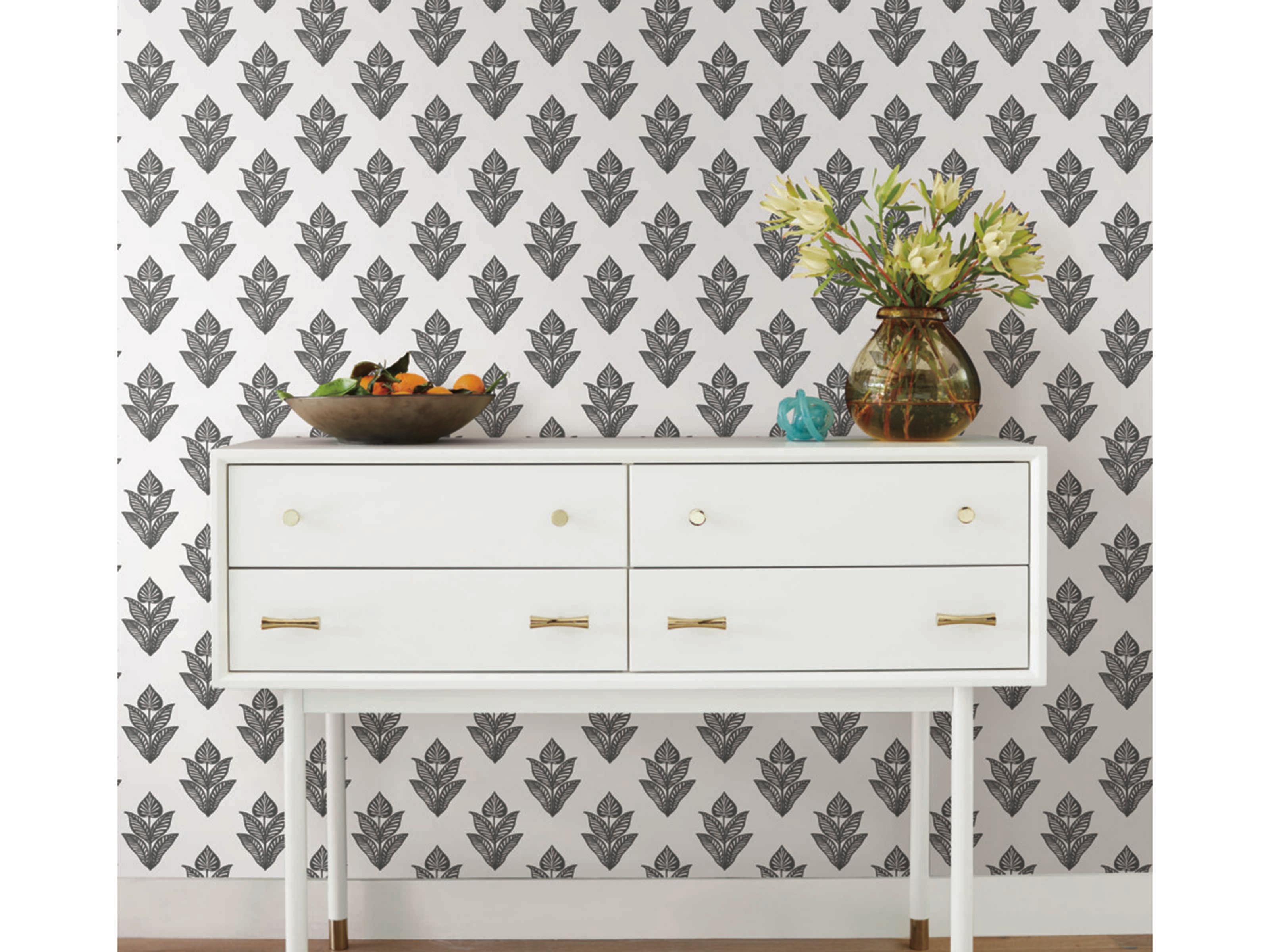 York Wallcoverings Black & White Resource Library Black White Lotus Motif Wallpaper