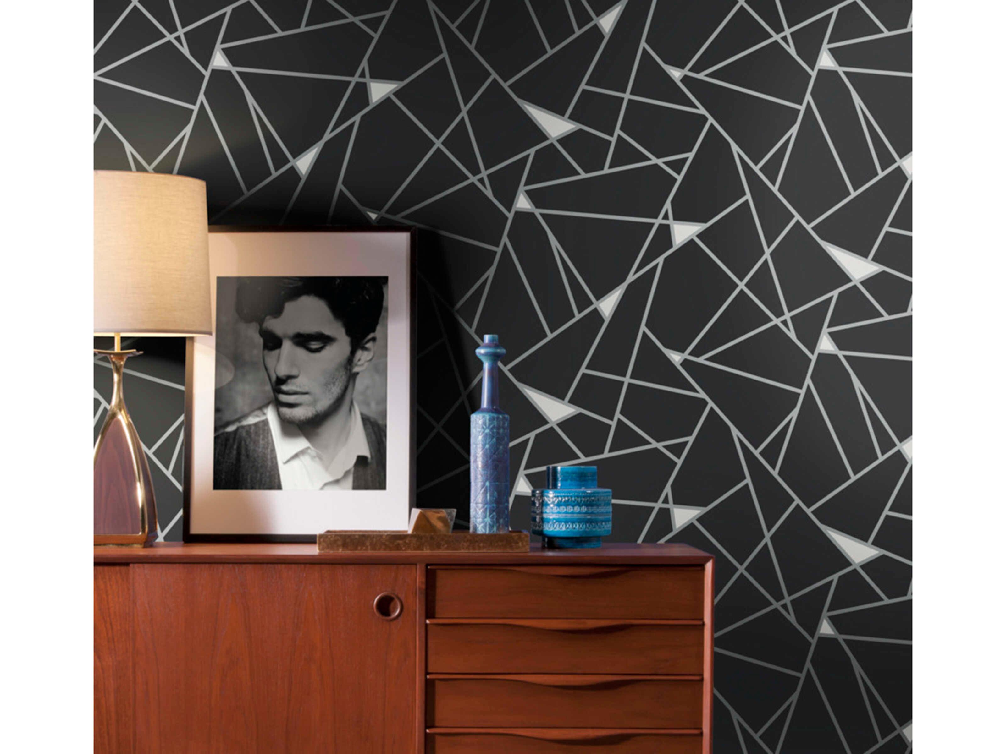 York Wallcoverings Black & White Resource Library Black Silver Prismatic Wallpaper
