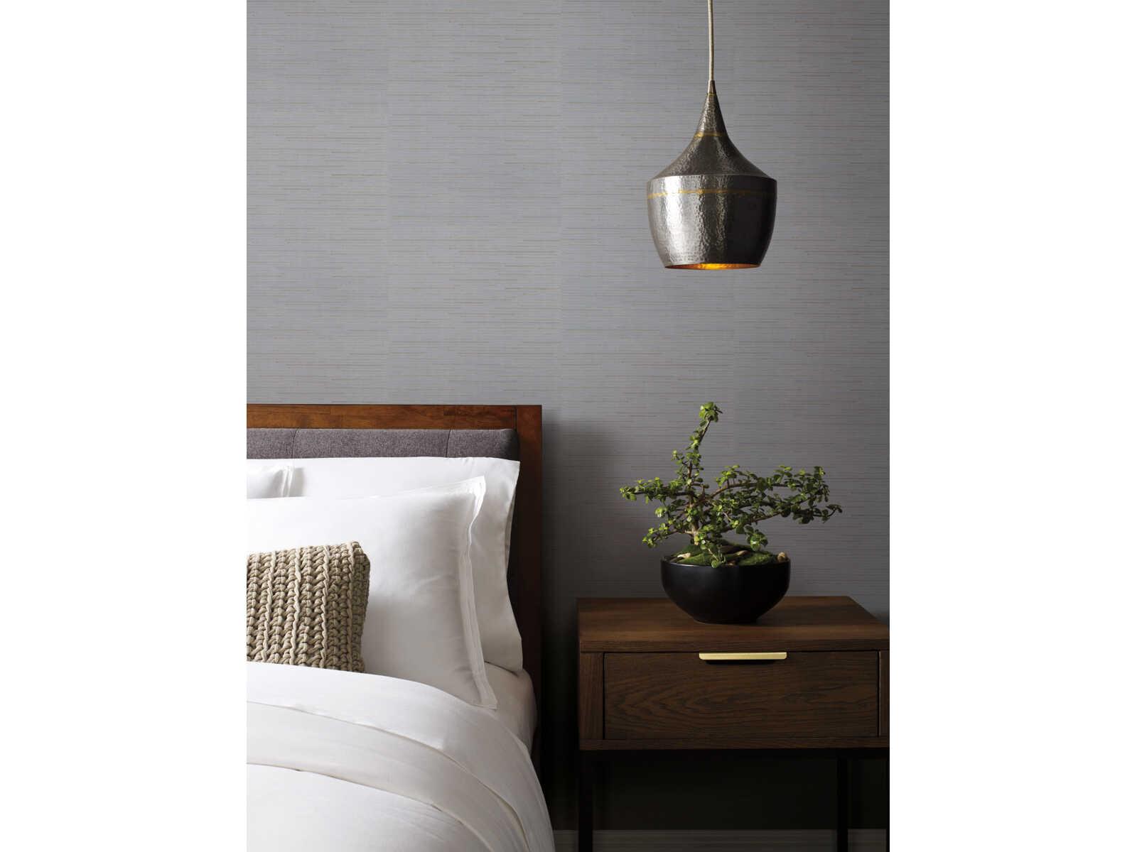 York Wallcoverings Antonina Vella Dazzling Dimensions Volume II Blue & Silver Metallic Ribbon Bamboo Wallpaper