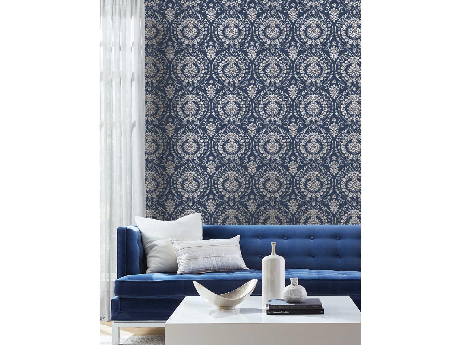 York Wallcoverings Damask Resource Library Navy Silver Imperial Damask Wallpaper