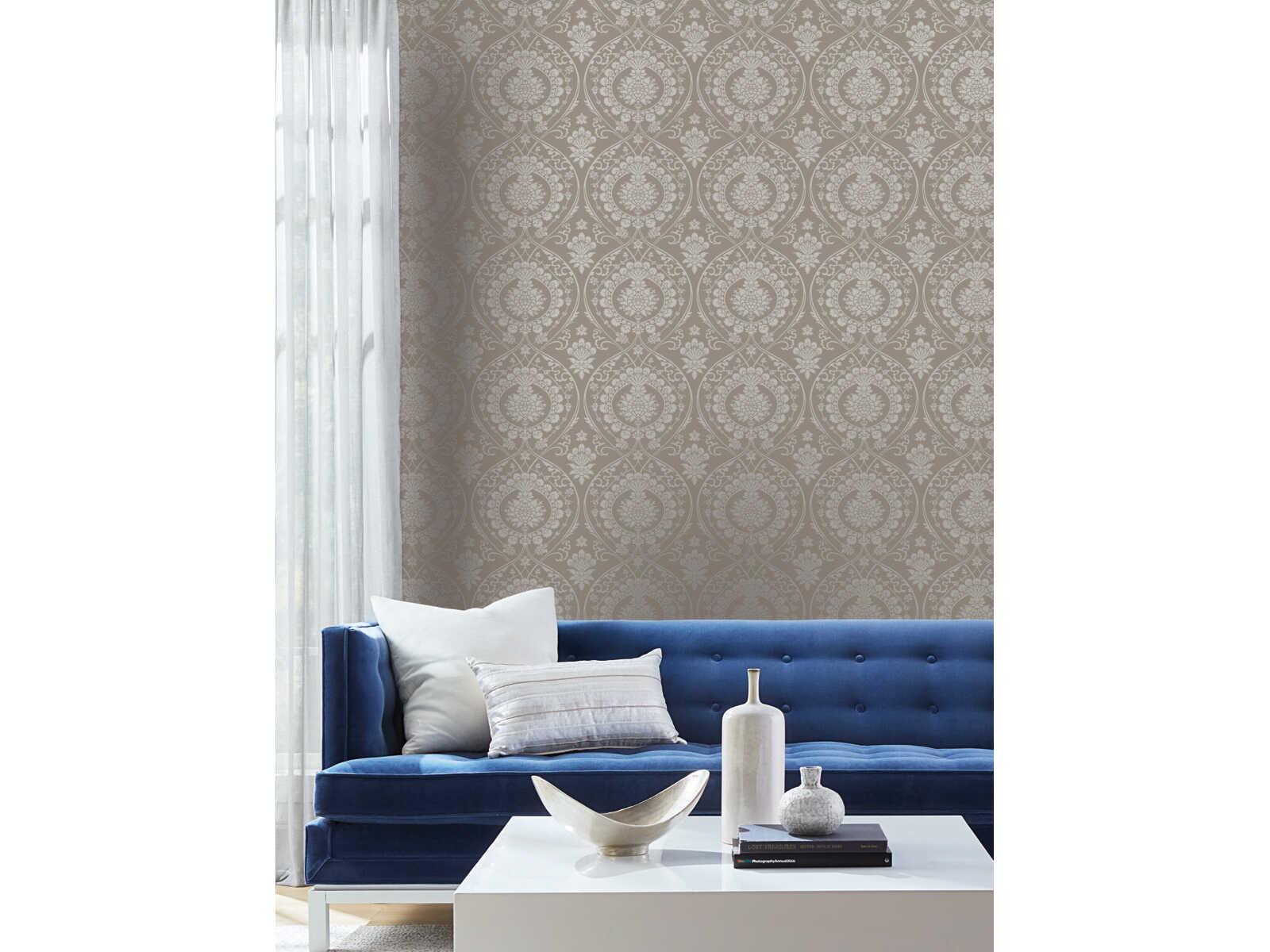 York Wallcoverings Damask Resource Library Beige Silver Imperial Damask Wallpaper