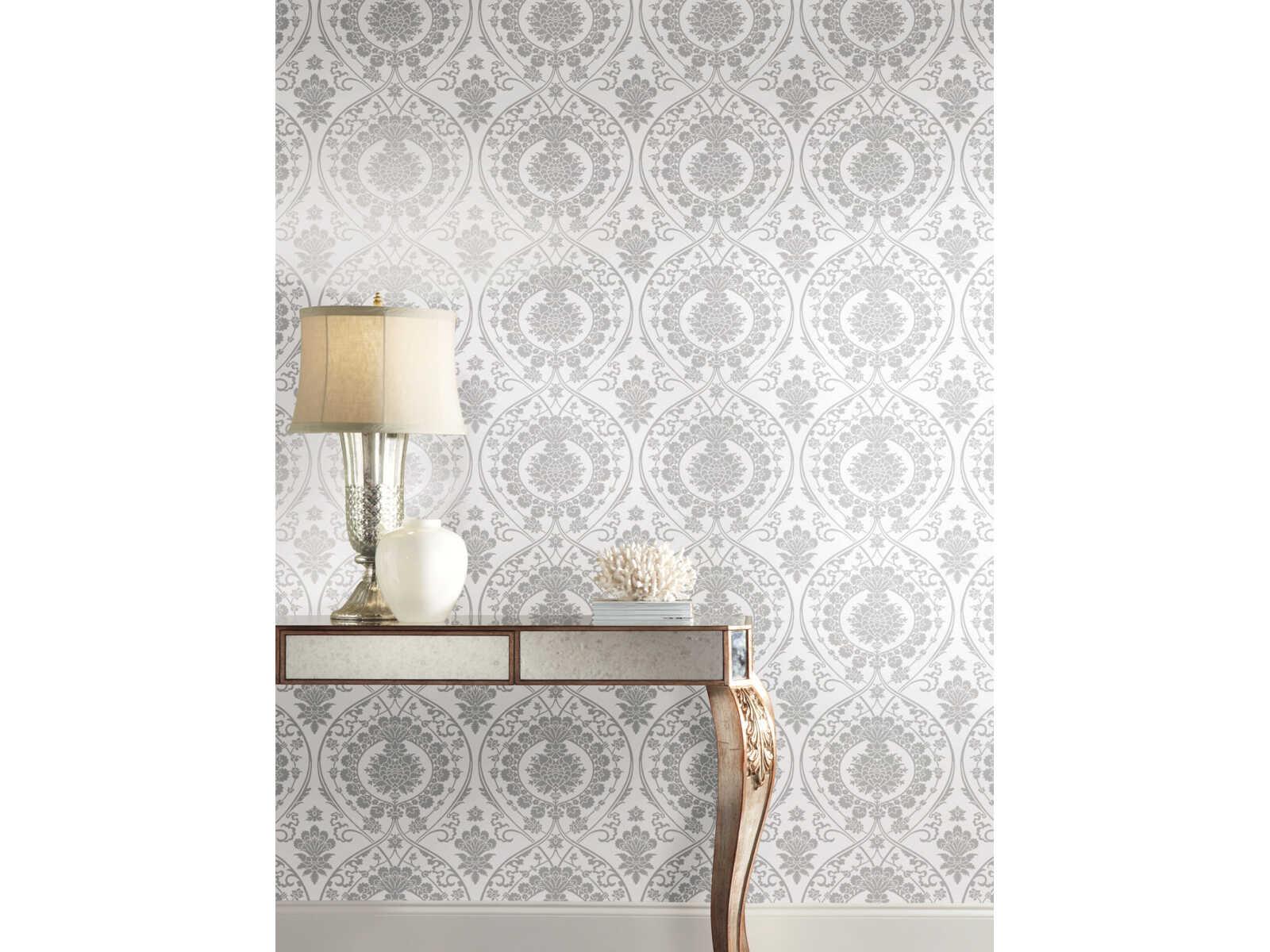 York Wallcoverings Damask Resource Library White Silver Imperial Damask Wallpaper