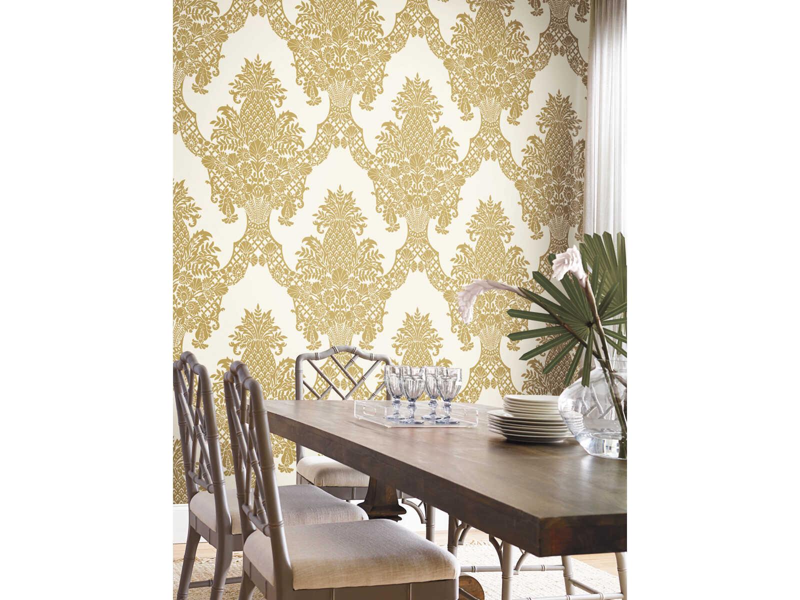 York Wallcoverings Damask Resource Library Gold Pineapple Plantation Wallpaper