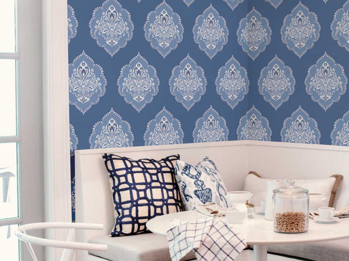 York Wallcoverings Damask Resource Library Blue Signet Medallion Dam Wallpaper