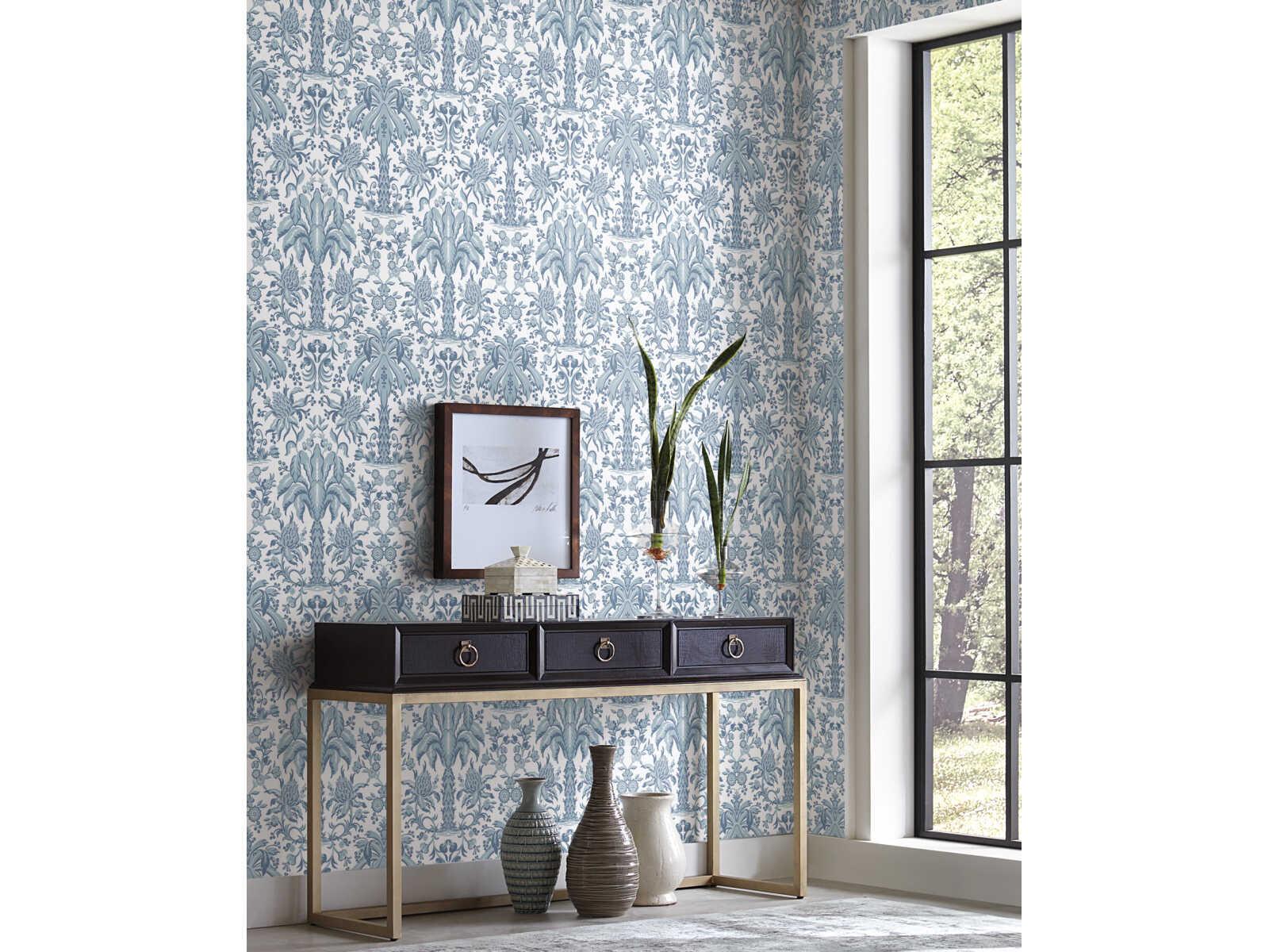 York Wallcoverings Damask Resource Library Blue Palmetto Palm Damask Wallpaper