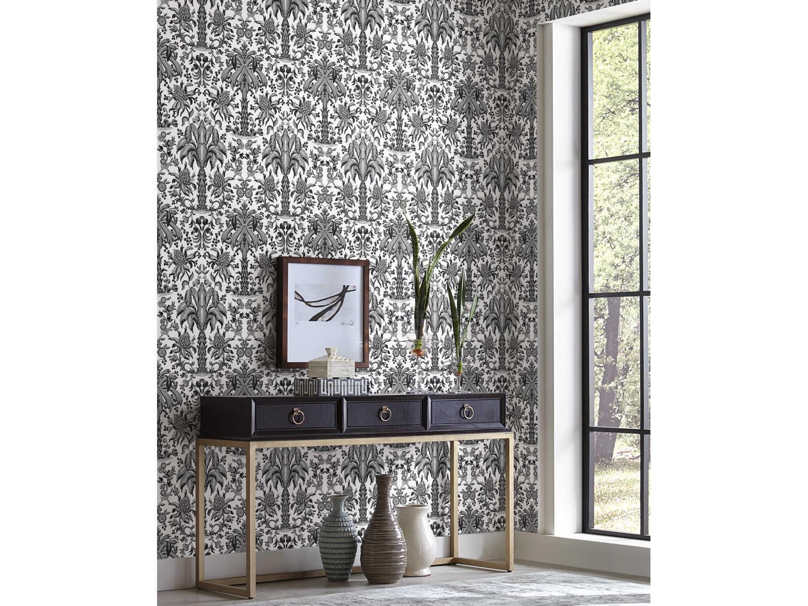 York Wallcoverings Damask Resource Library Black Palmetto Palm Damask Wallpaper