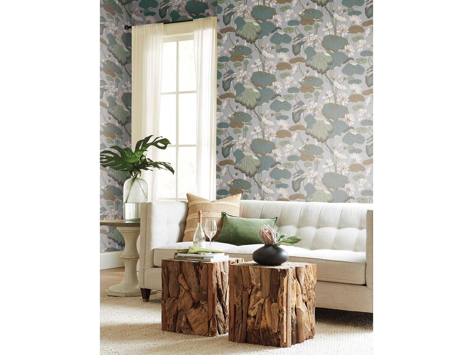 York Wallcoverings Greenhouse Grey Blue Lotus Pond Wallpaper