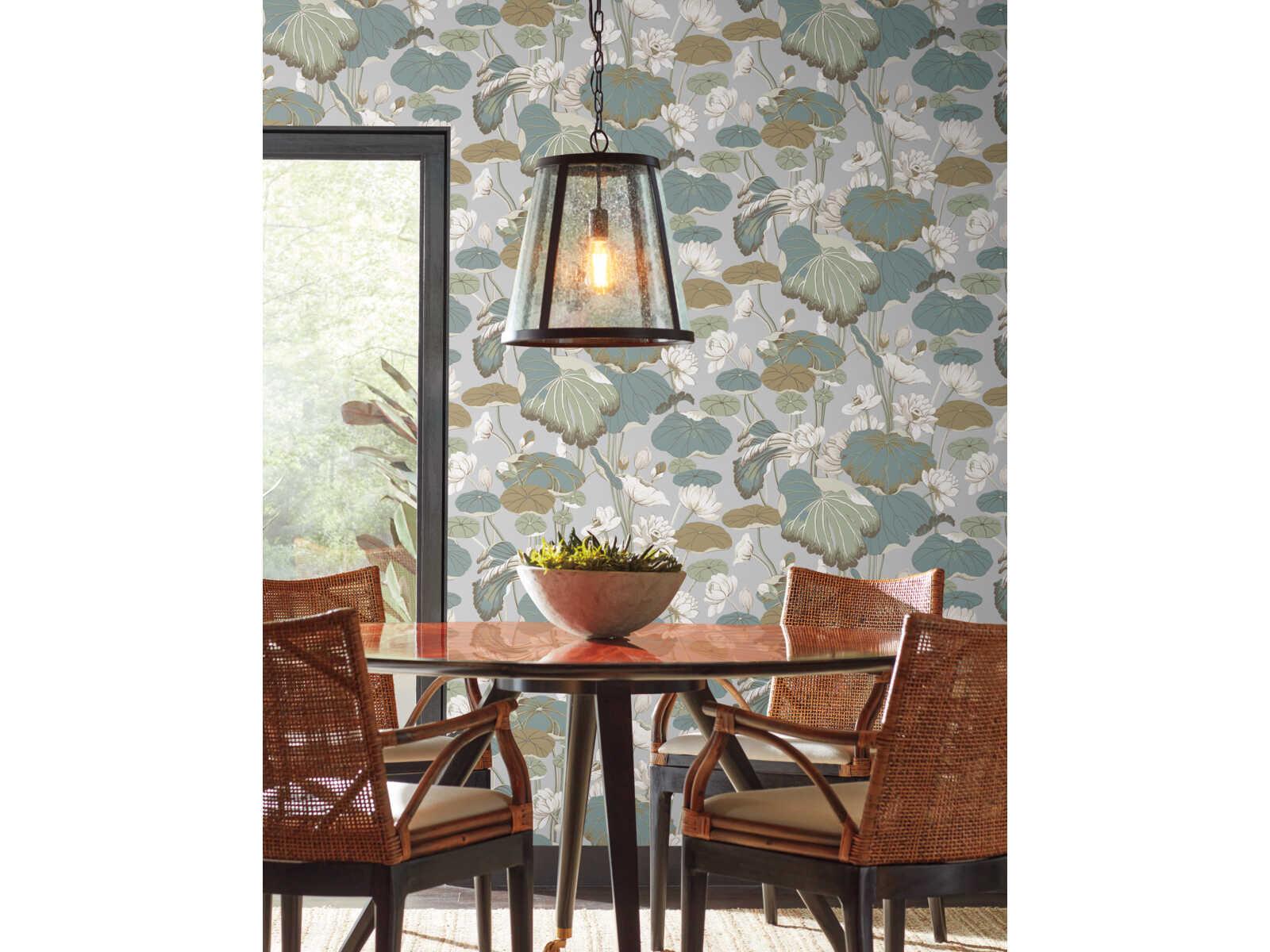 York Wallcoverings Greenhouse Grey Blue Lotus Pond Wallpaper