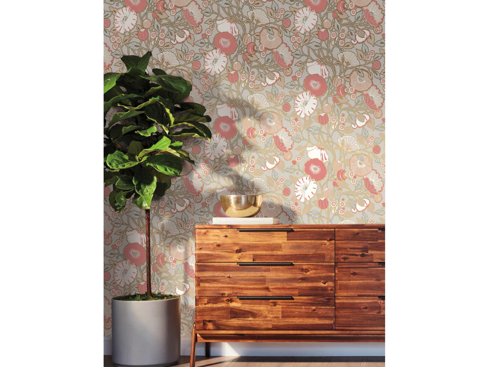 York Wallcoverings Greenhouse Grey Pink Metallic Poppies Wallpaper