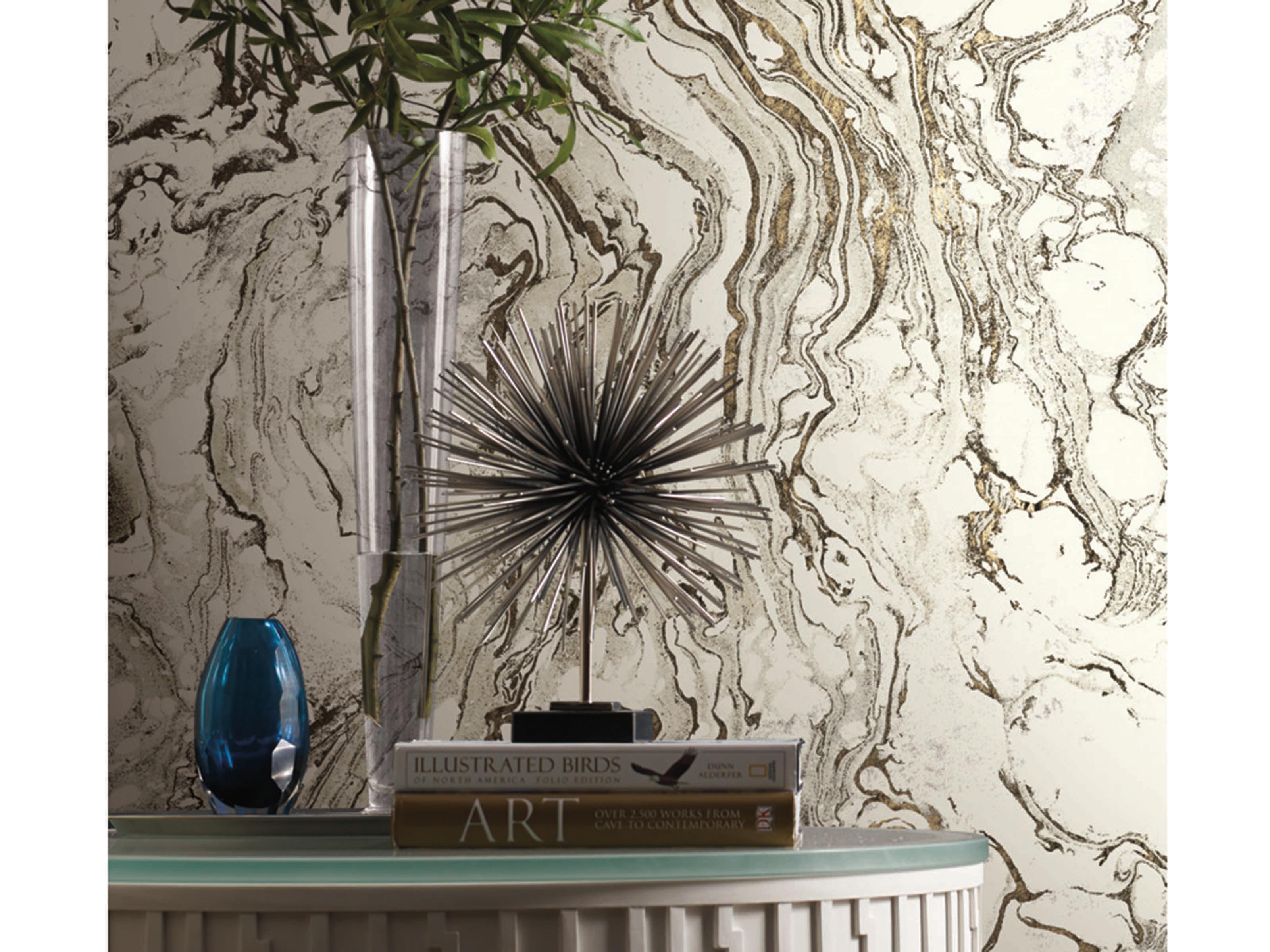 York Wallcoverings Ronald Redding 24 Karat Black White Polished Marble Wallpaper