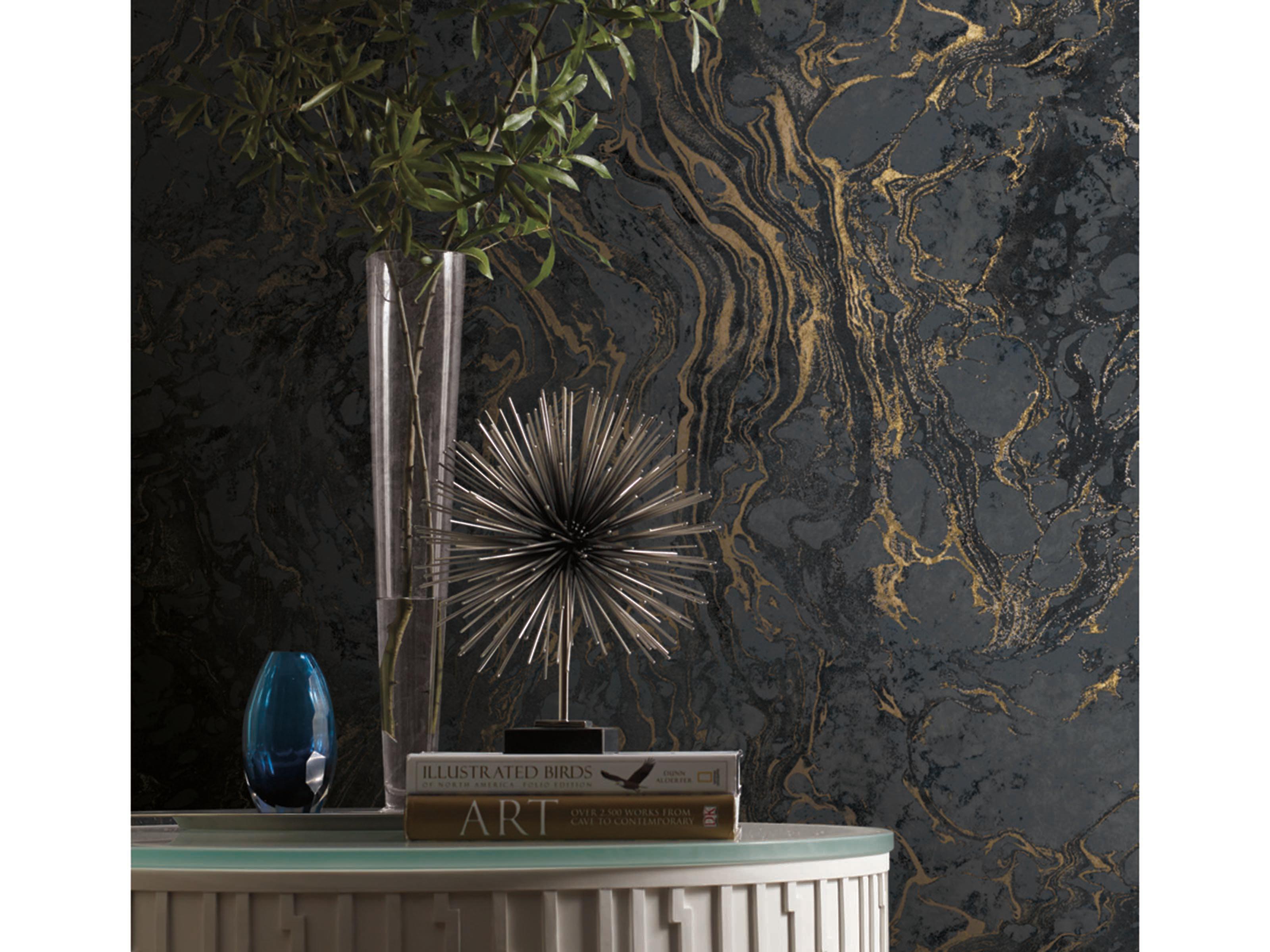 York Wallcoverings Ronald Redding 24 Karat Black Polished Marble Wallpaper