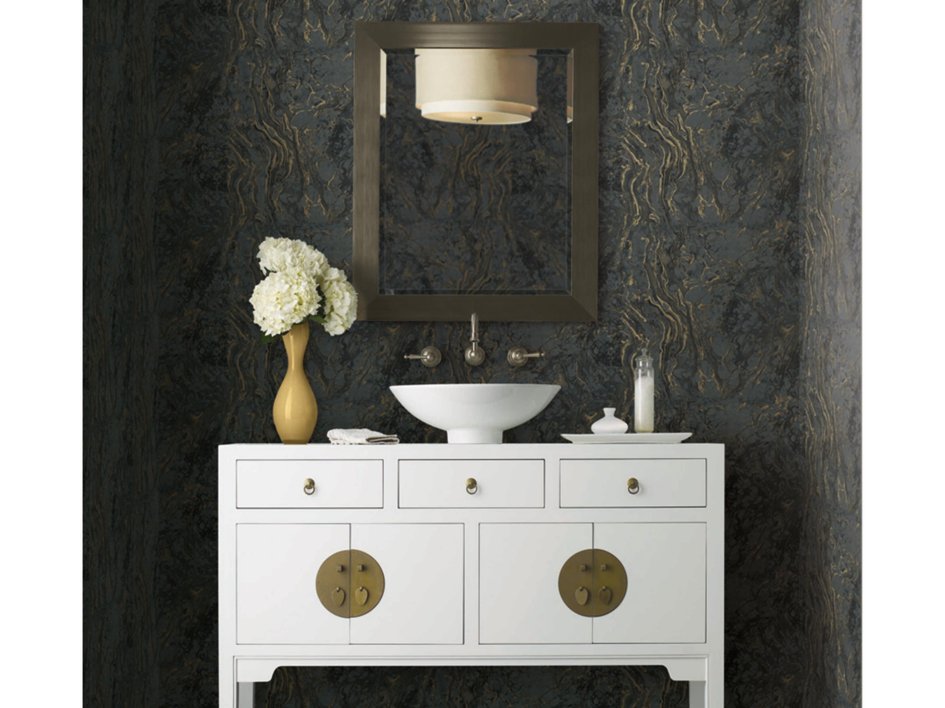 York Wallcoverings Ronald Redding 24 Karat Black Polished Marble Wallpaper