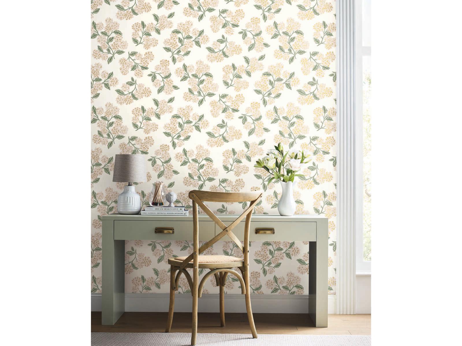 York Wallcoverings Rifle Paper Co. Second Edition Beige Pink Hydrangea Wallpaper