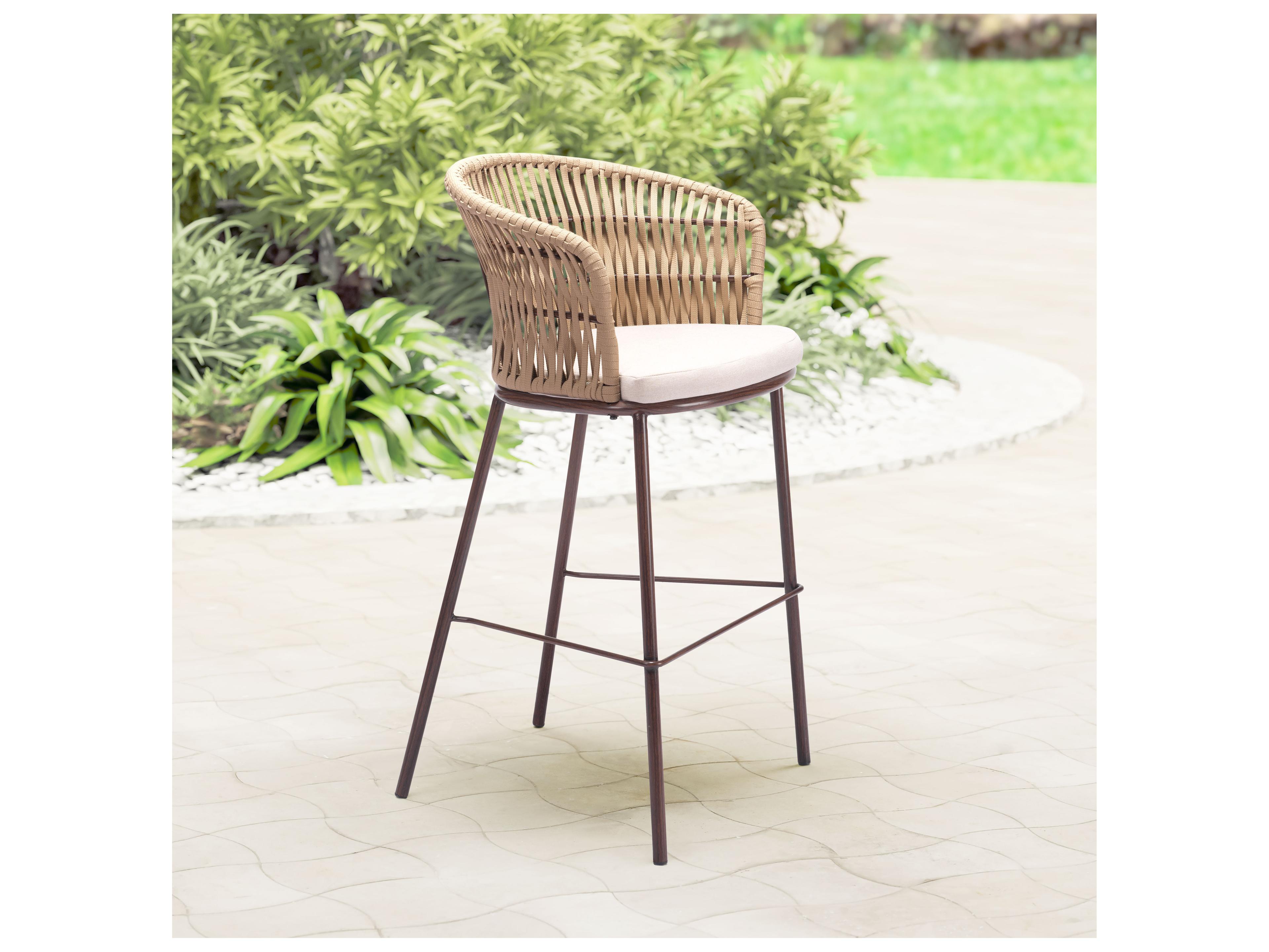 Zuo Outdoor Bar Natural Steel Cushion Side Stationary Stool Set of 2