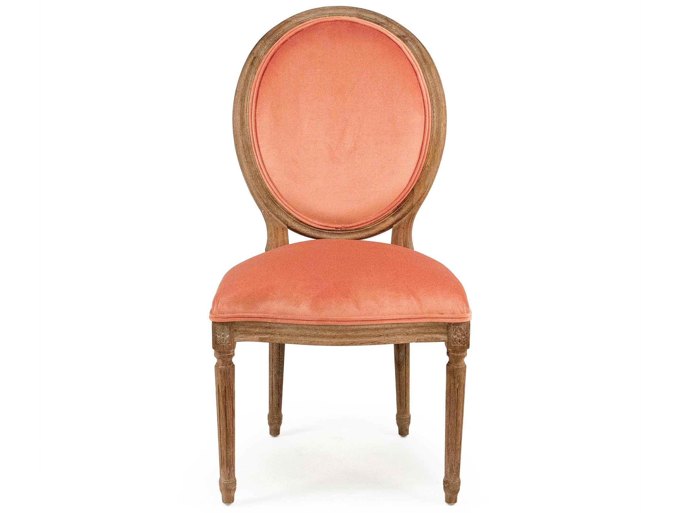 Zentique Medallion Oak Wood Orange Velvet Upholstered Armless Dining Chair