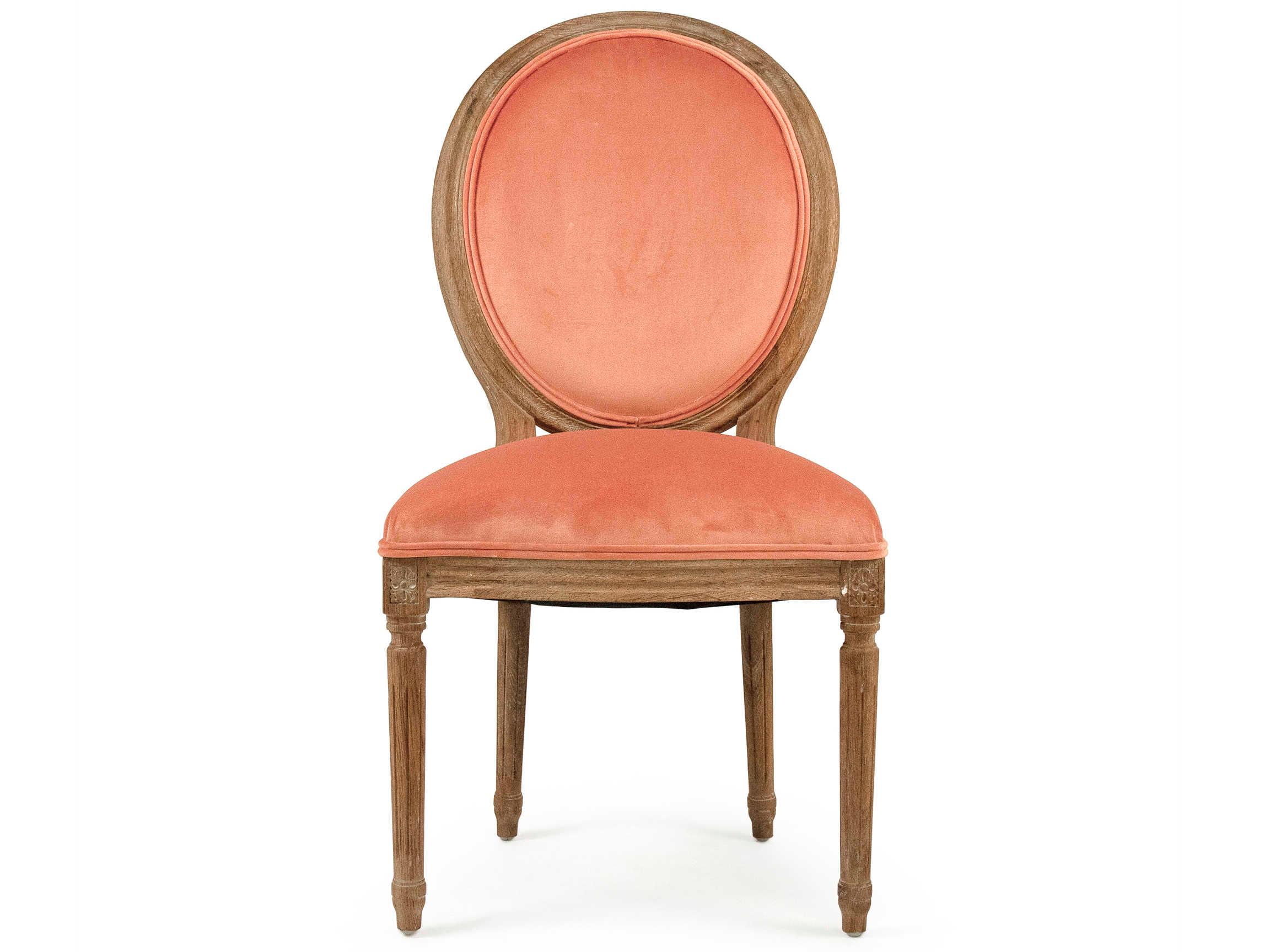 Zentique Medallion Oak Wood Orange Velvet Upholstered Armless Dining Chair