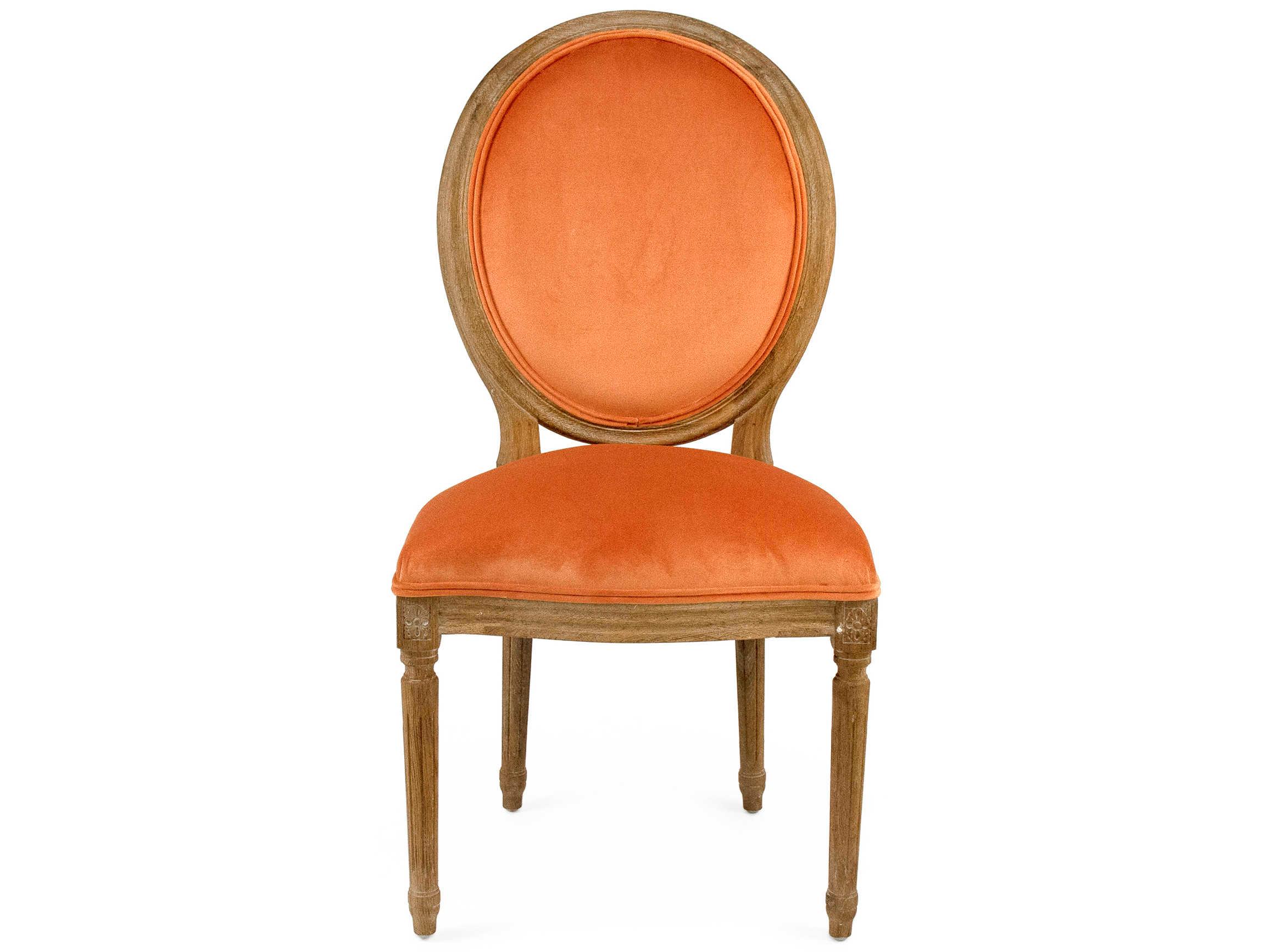 Zentique Medallion Oak Wood Orange Velvet Upholstered Armless Dining Chair