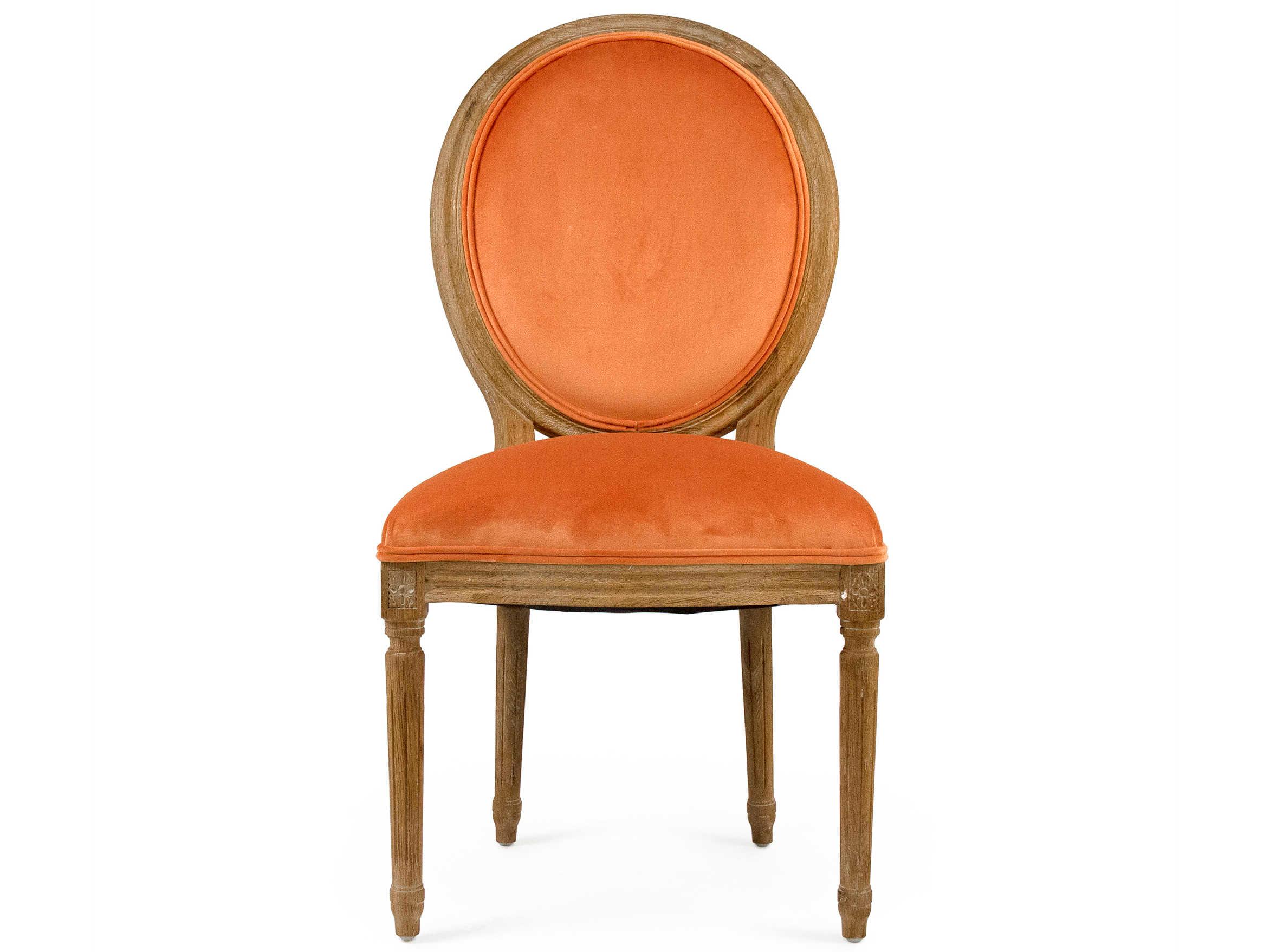 Zentique Medallion Oak Wood Orange Velvet Upholstered Armless Dining Chair