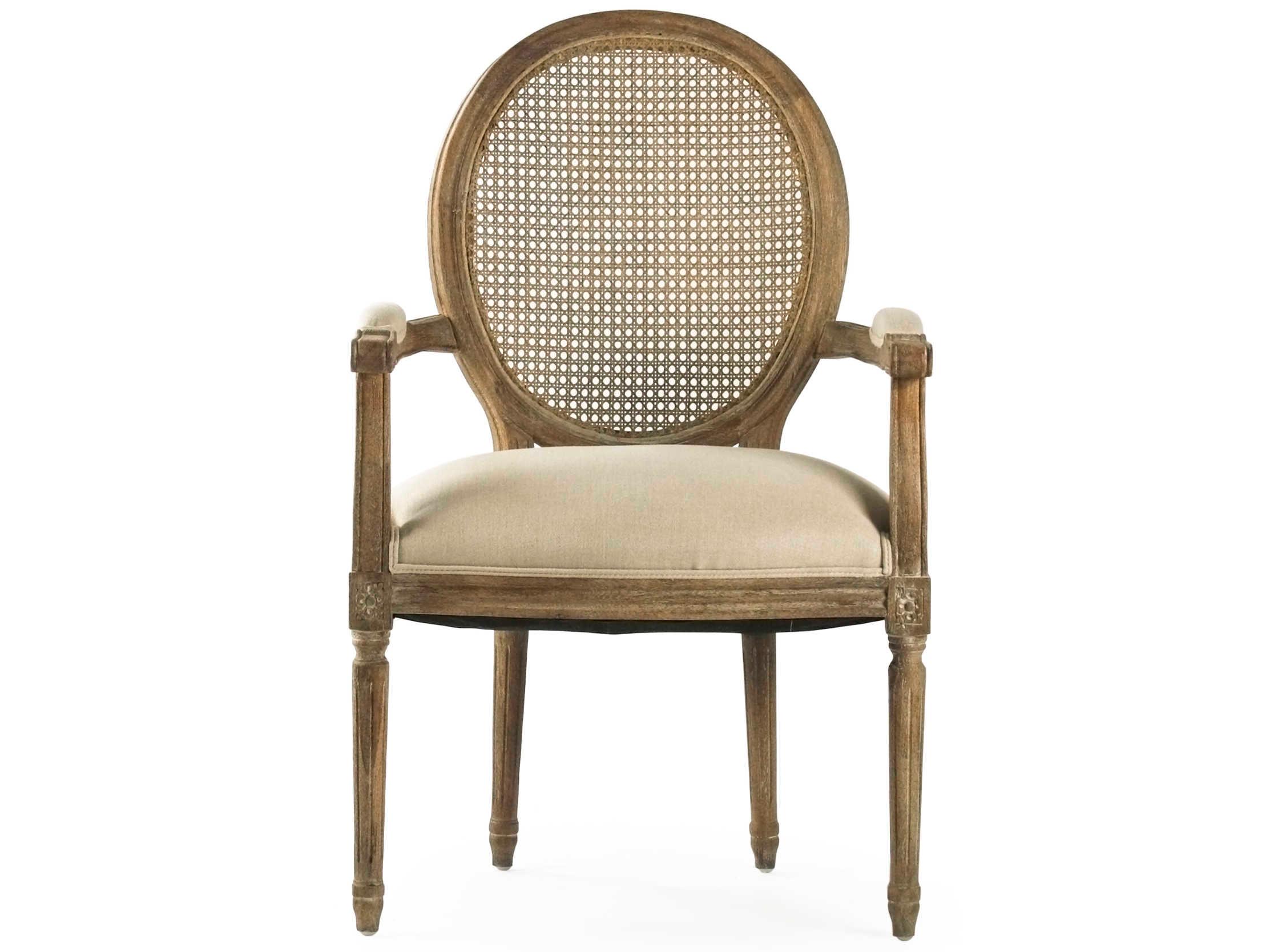 Zentique Medallion Oak Wood Beige Upholstered Arm Dining Chair