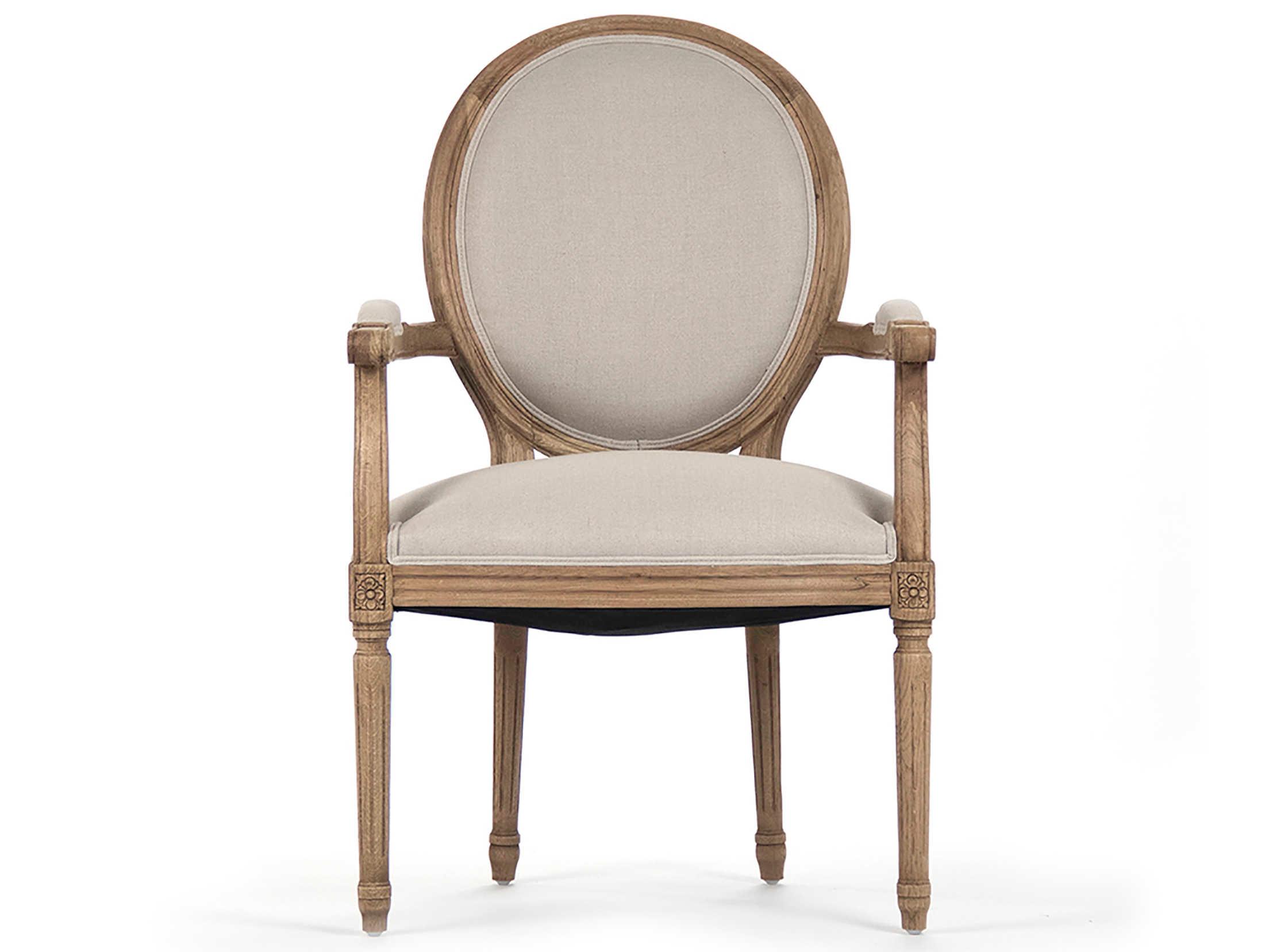 Zentique Medallion Oak Wood Beige Upholstered Arm Dining Chair
