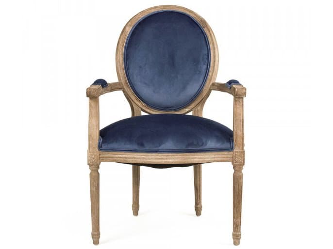 Zentique Medallion Oak Wood Blue Velvet Upholstered Arm Dining Chair