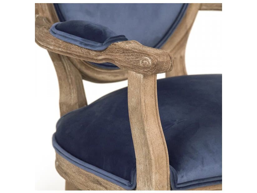 Zentique Medallion Oak Wood Blue Velvet Upholstered Arm Dining Chair