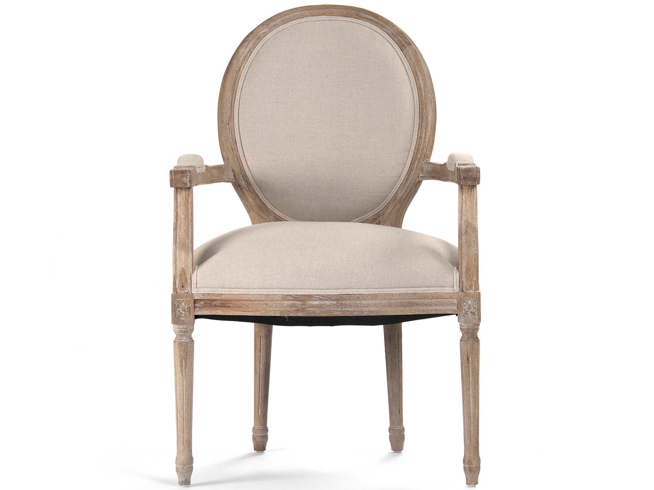 Zentique Medallion Oak Wood Beige Upholstered Arm Dining Chair